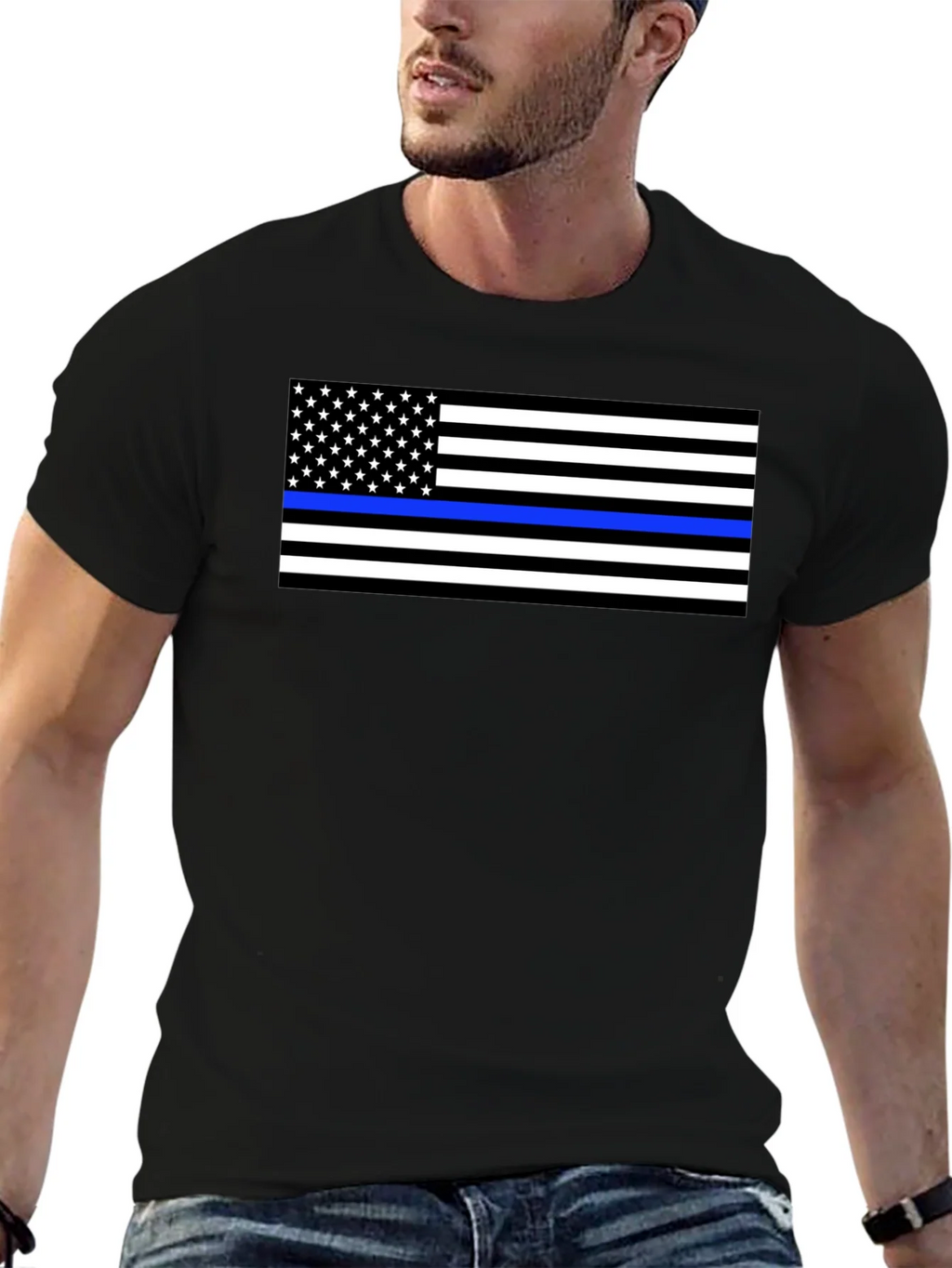 Thin Blue Line Flag Graphic T-Shirt - Black product image 6