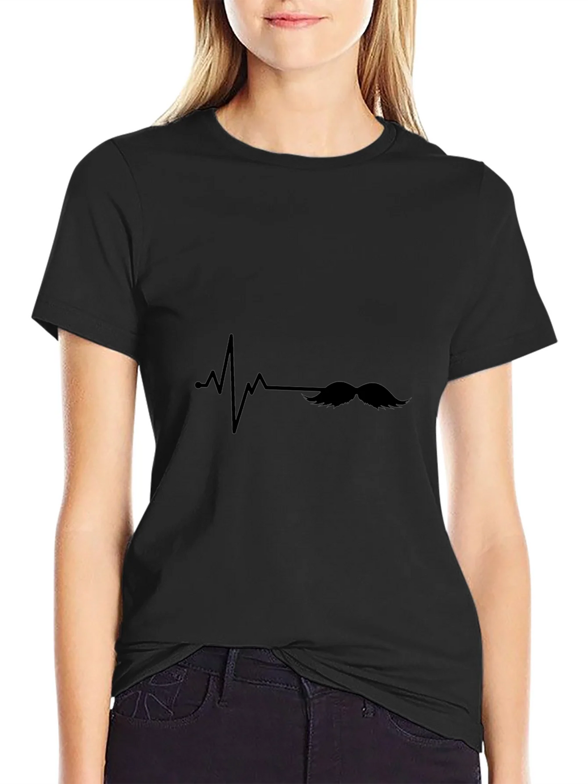 Mustache Heartbeat Graphic Tee - Black Casual T-Shirt product image 1