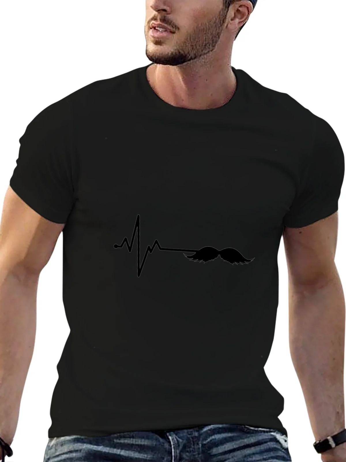 Mustache Heartbeat Graphic Tee - Black Casual T-Shirt product image 5