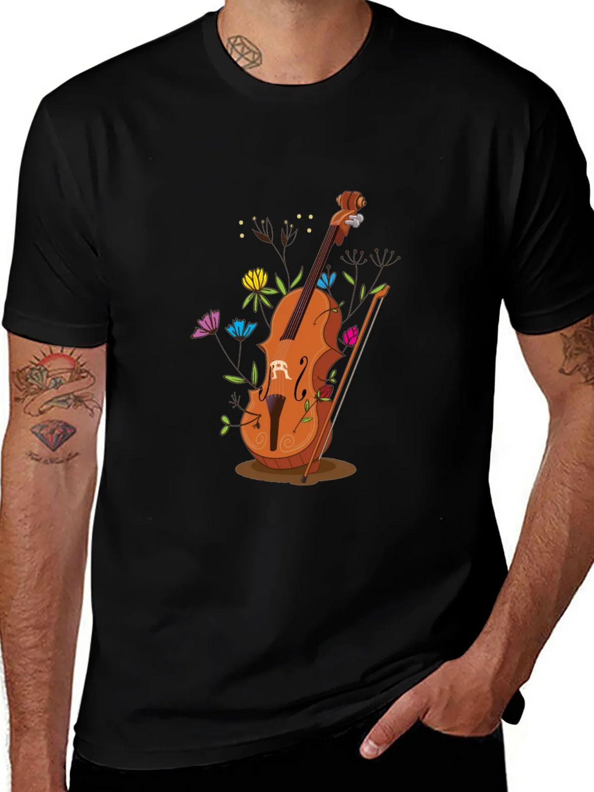 Artistic Cello Graphic Tee - Black Cotton Casual Shirt product image 1
