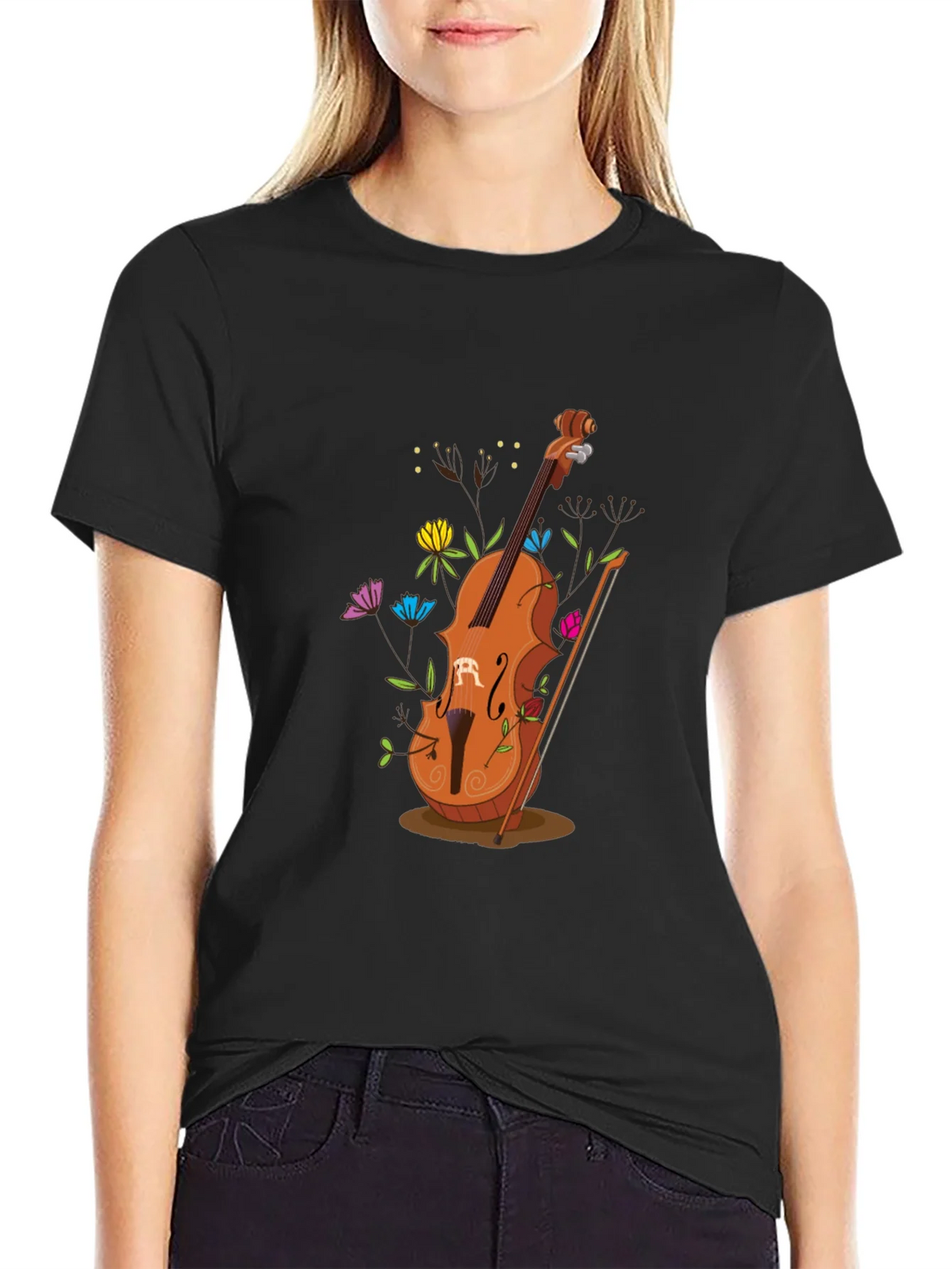 Artistic Cello Graphic Tee - Black Cotton Casual Shirt product image 2