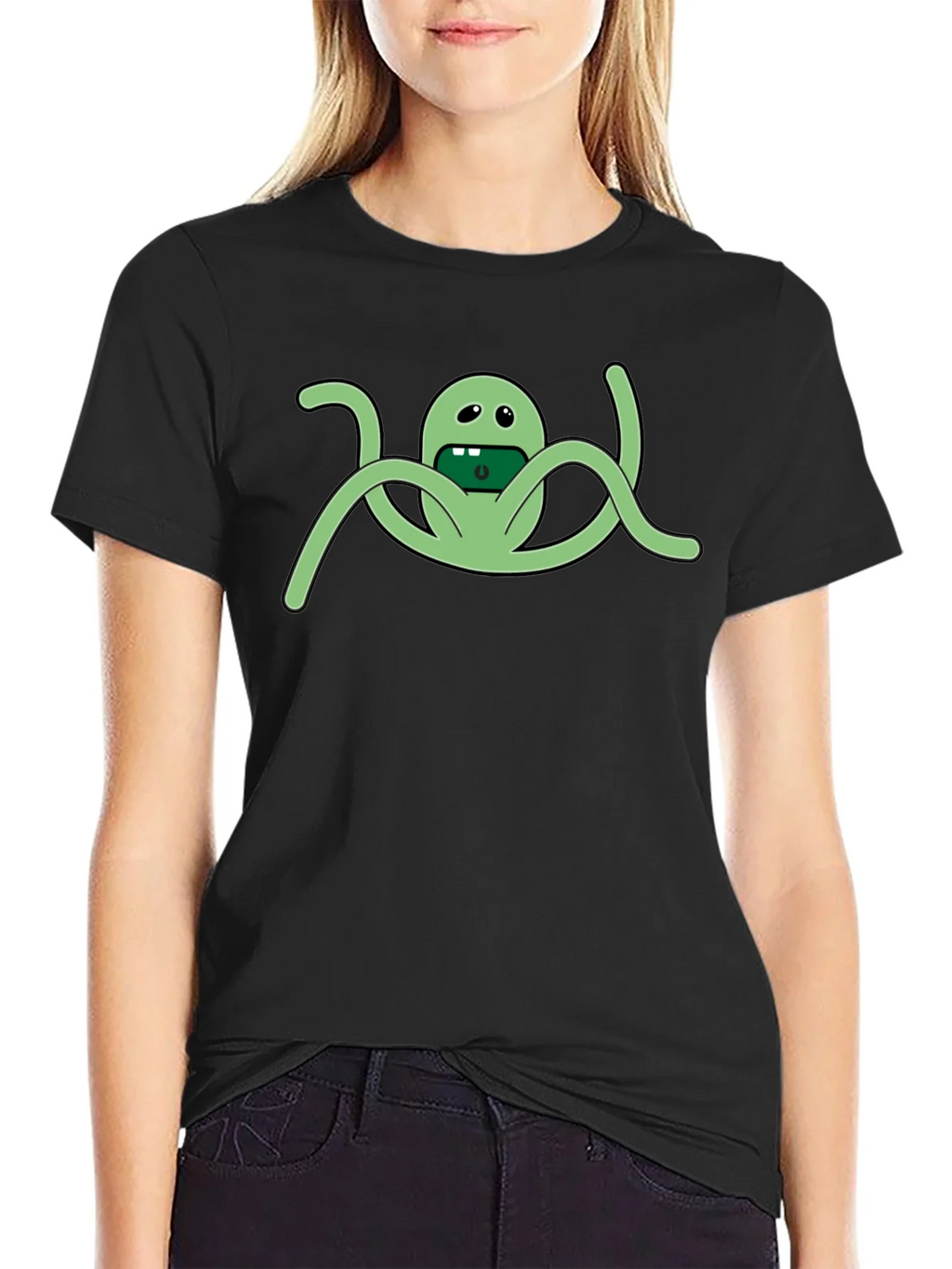 Mens Black Graphic Tee - Funny Green Alien Octopus Design product image 2