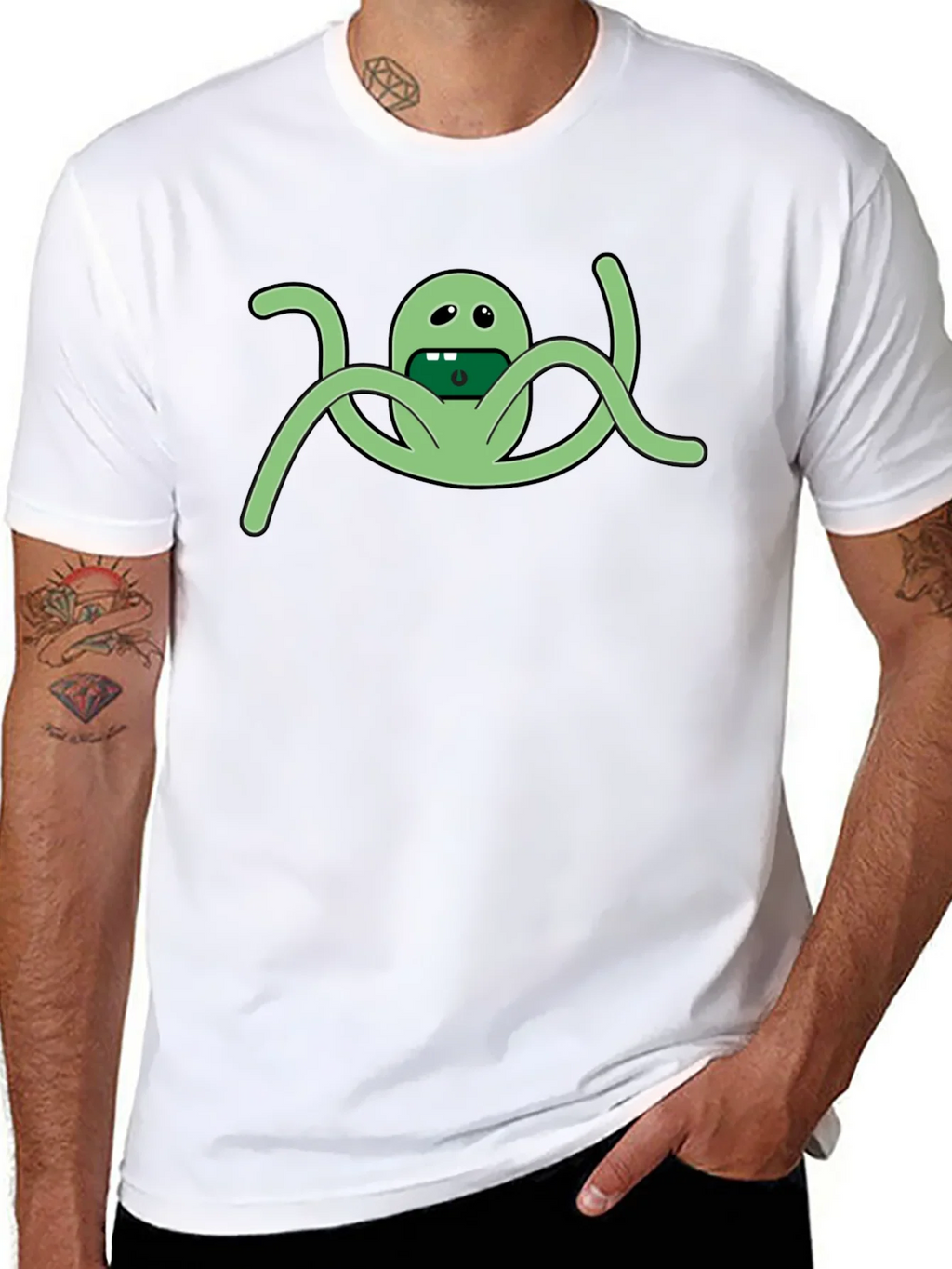 Mens Black Graphic Tee - Funny Green Alien Octopus Design product image 6