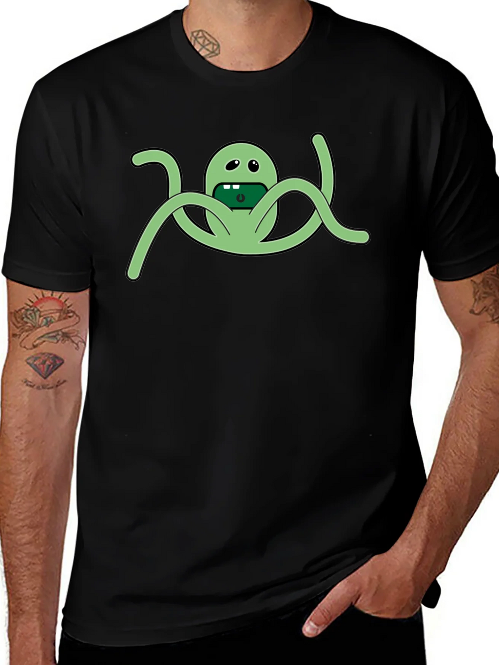 Mens Black Graphic Tee - Funny Green Alien Octopus Design product image 1