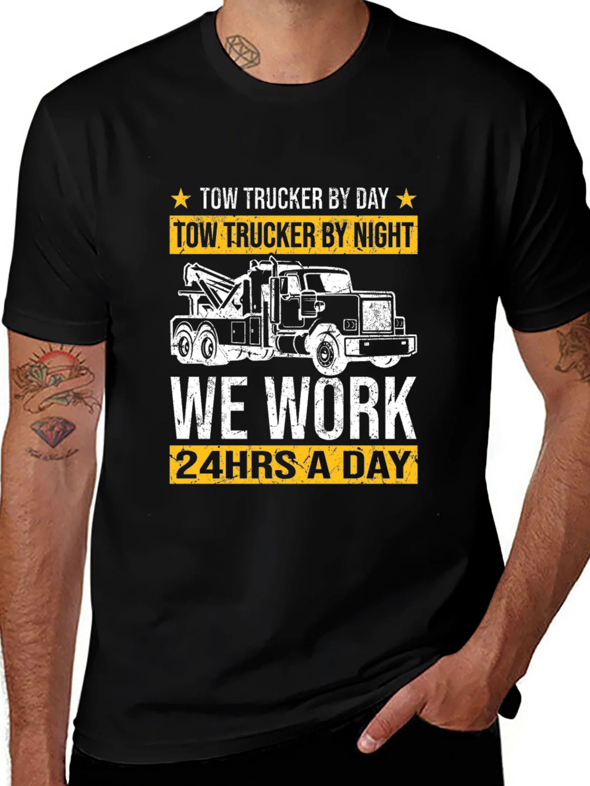 Tow Trucker By Day & Night Black Graphic T-Shirt product image 1