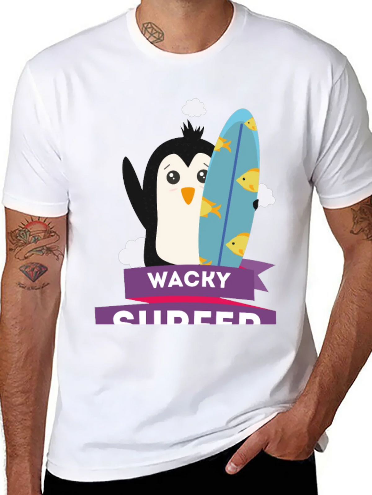 Wacky Surfer Penguin Graphic Tee - Black Cotton T-Shirt product image 7