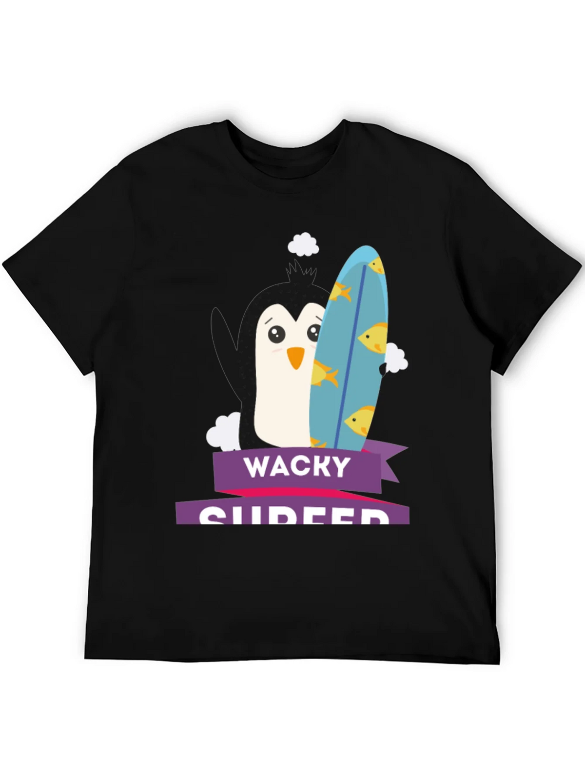 Wacky Surfer Penguin Graphic Tee - Black Cotton T-Shirt product image 5