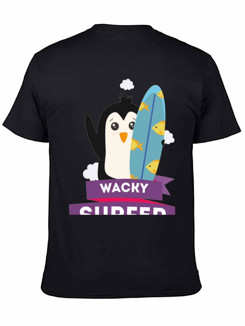 Wacky Surfer Penguin Graphic Tee - Black Cotton T-Shirt product image 4