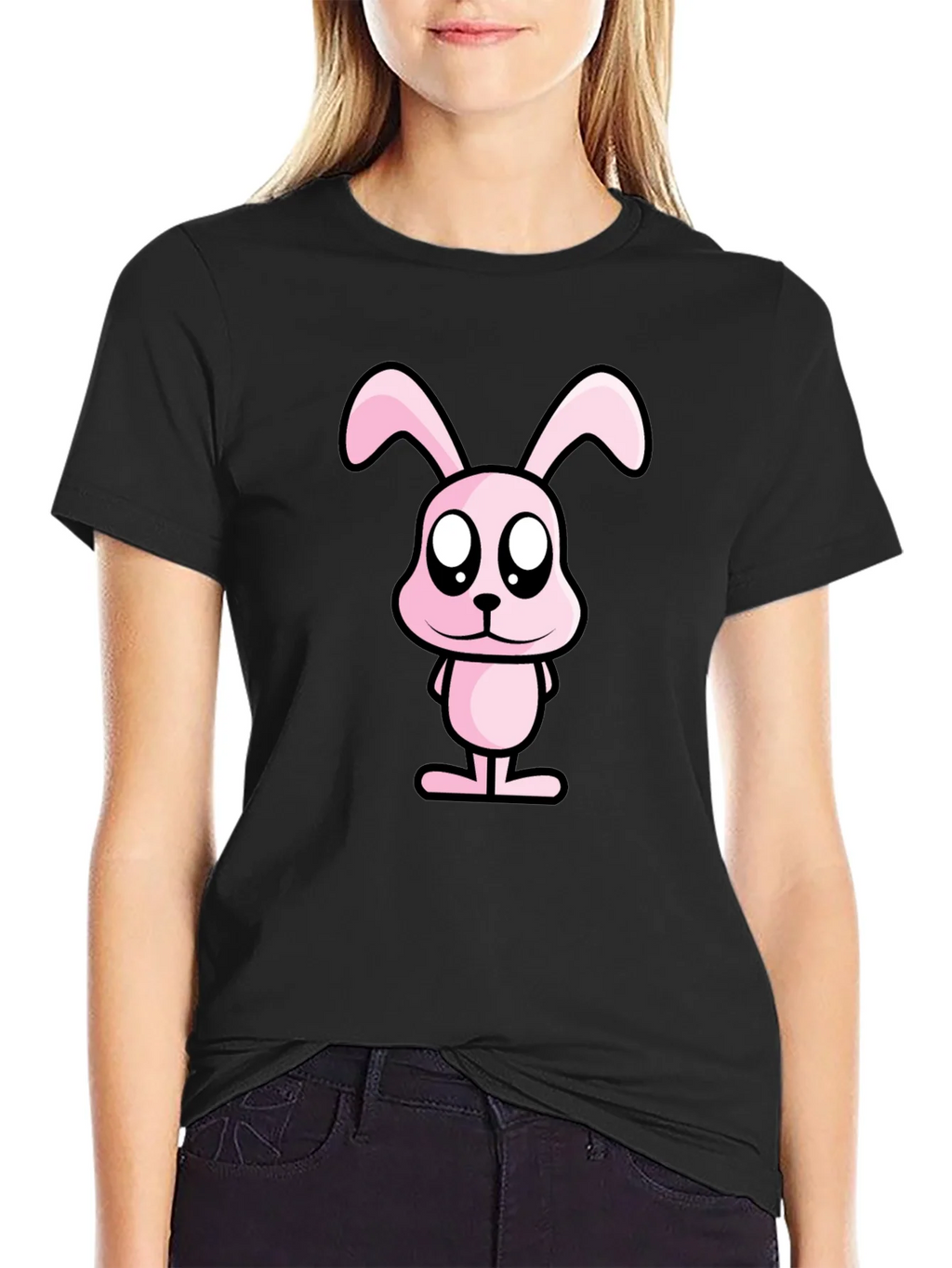 Pink Bunny Graphic Tee - Black Cotton Casual Shirt product image 2