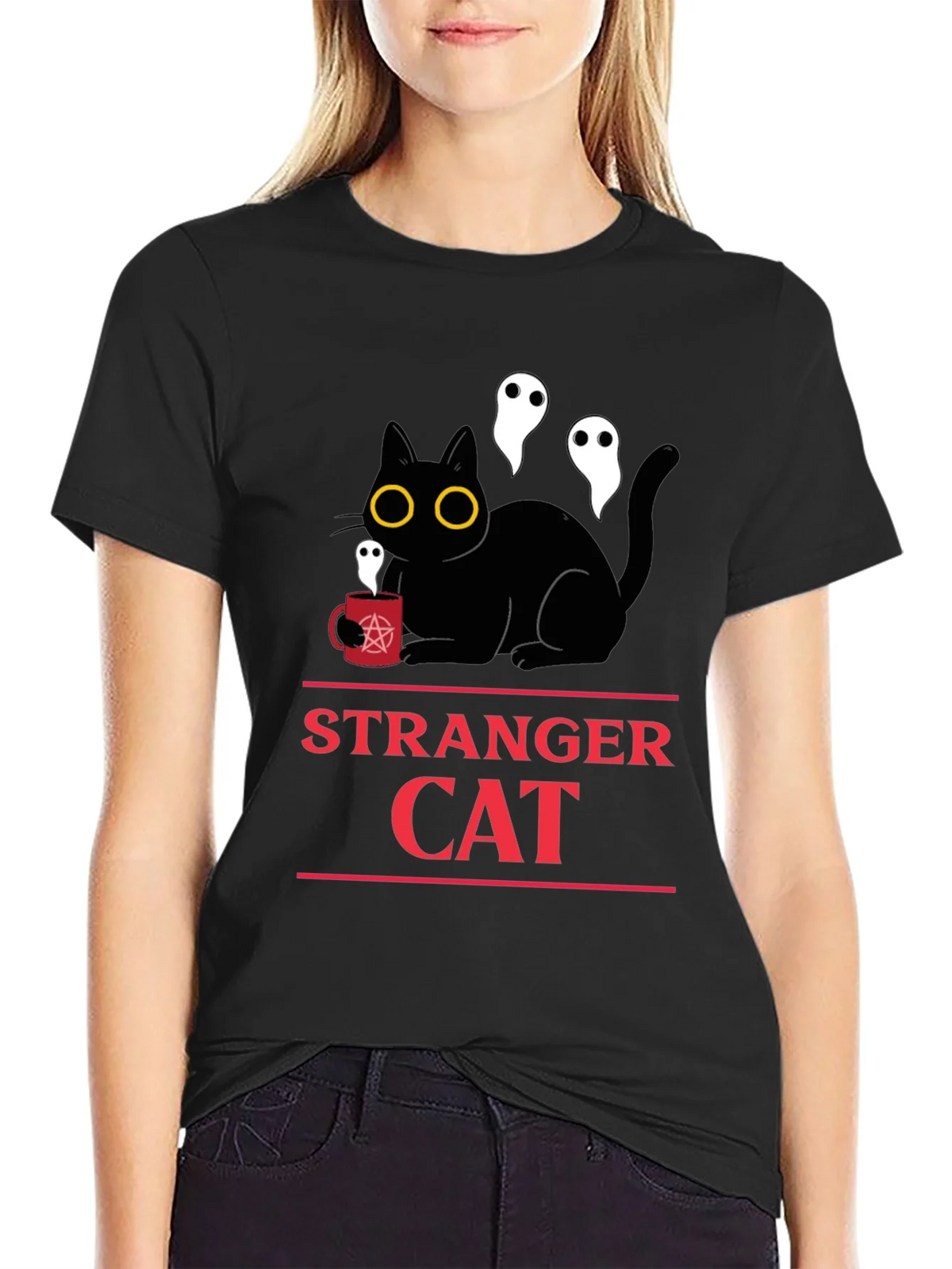 Stranger Cat T-Shirt - Black & Ghosts Graphic Tee product image 1