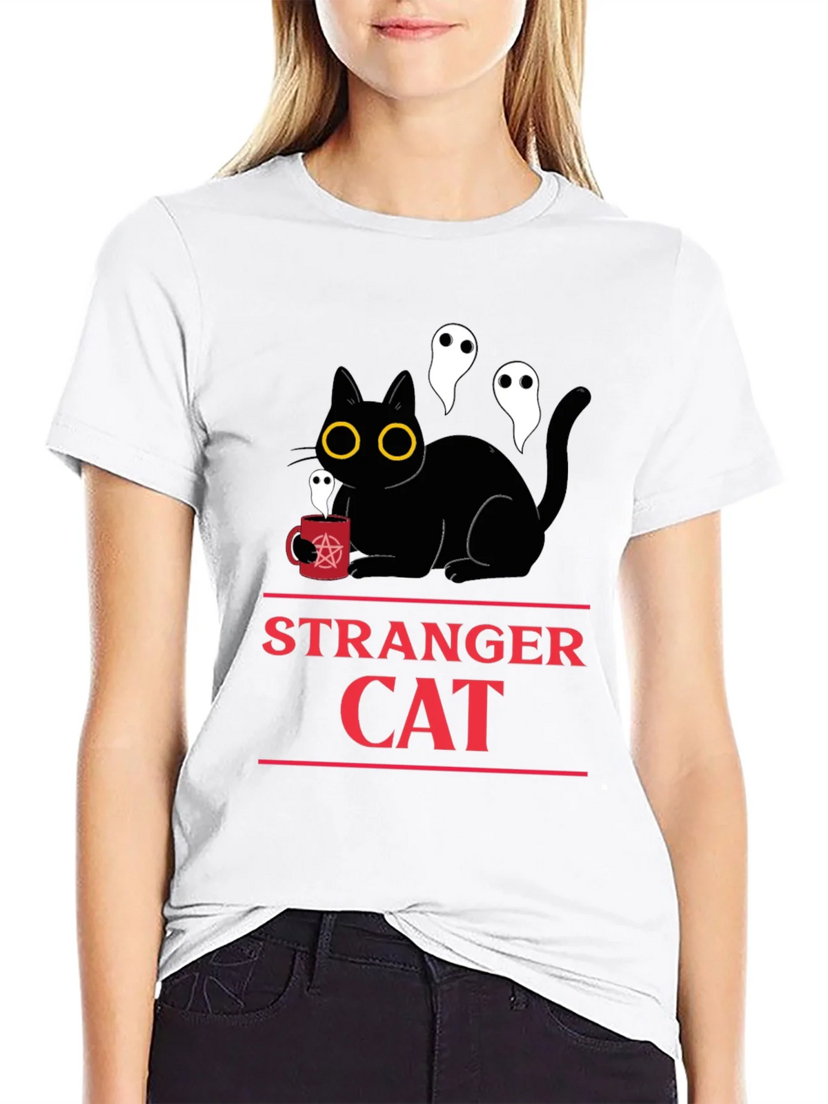 Stranger Cat T-Shirt - Black & Ghosts Graphic Tee product image 2