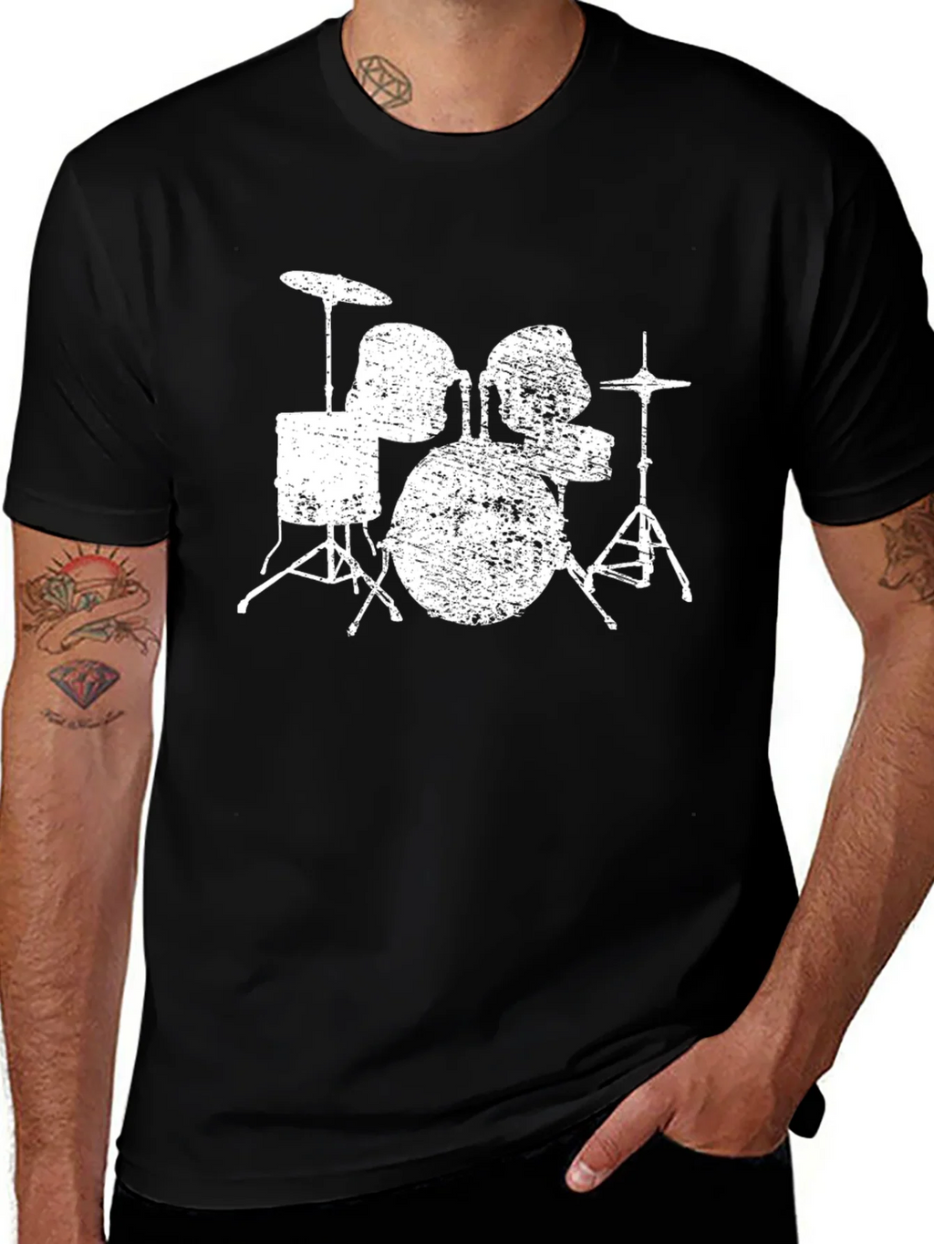 Distressed Drum Set Graphic Tee - Black Cotton T-Shirt product image 1