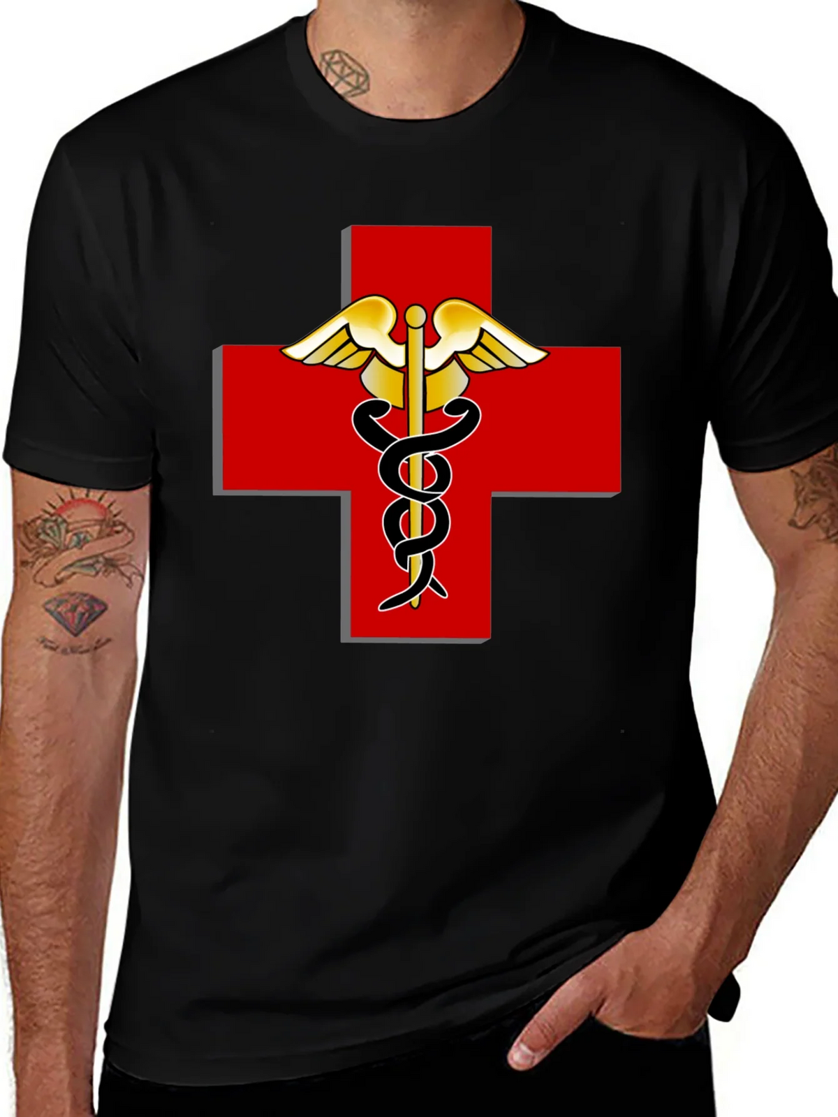 Medical Caduceus Red Cross Black T-Shirt product image 1