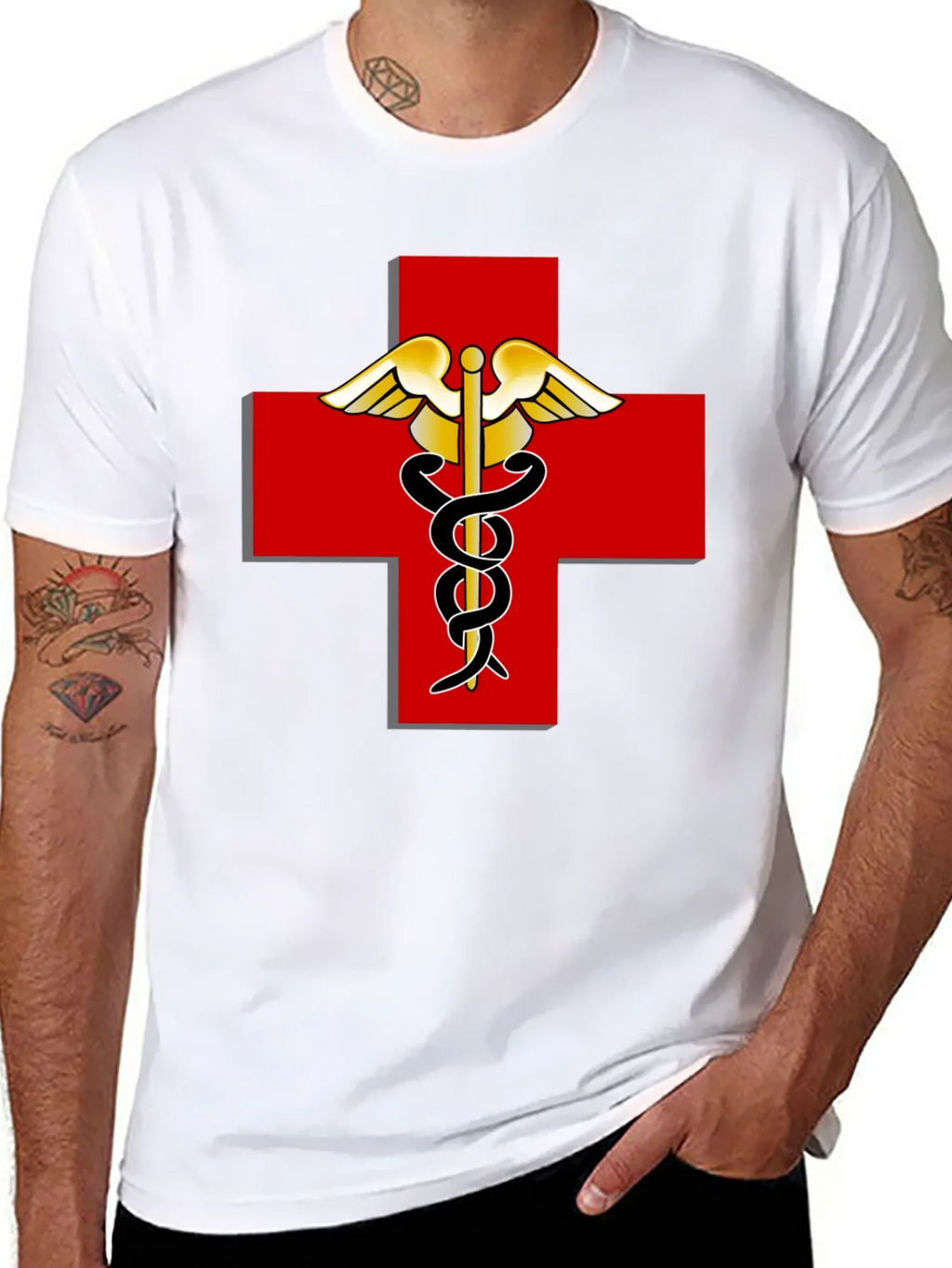 Medical Caduceus Red Cross Black T-Shirt product image 7