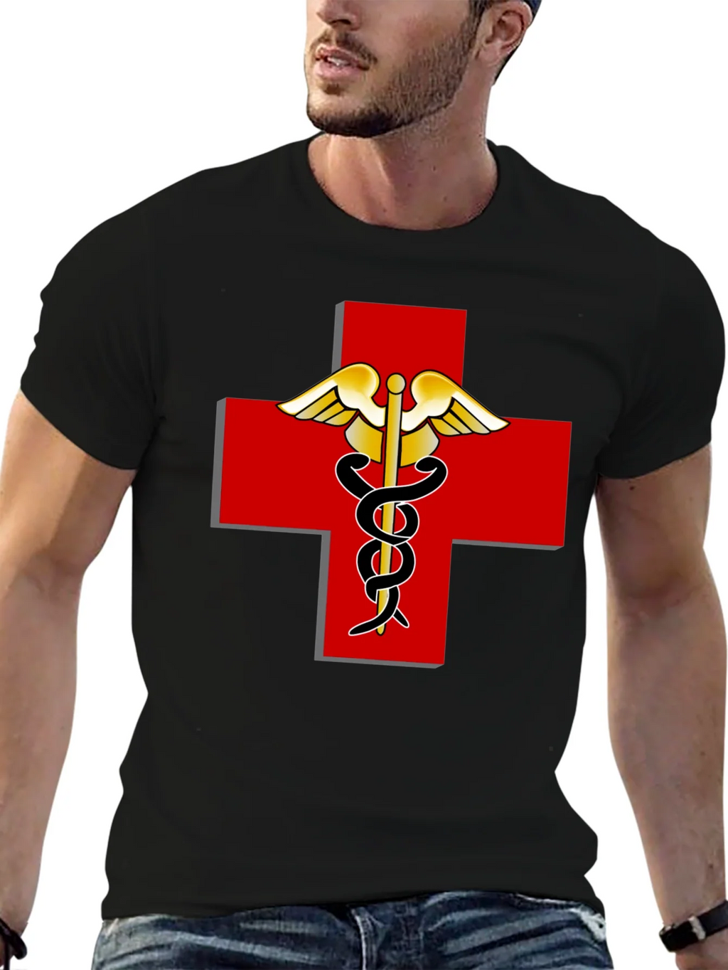 Medical Caduceus Red Cross Black T-Shirt product image 6