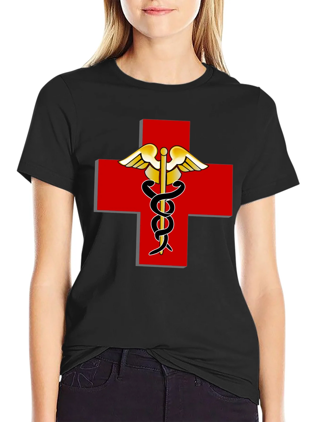 Medical Caduceus Red Cross Black T-Shirt product image 2