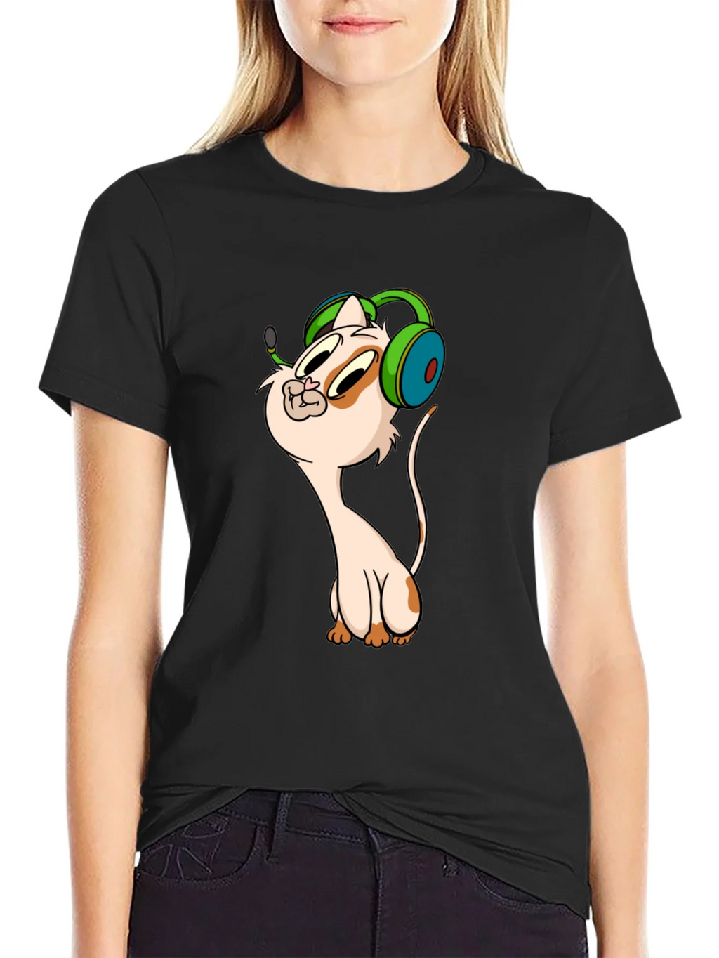 Cartoon Cat Gamer Graphic Tee - Black T-Shirt product image 2