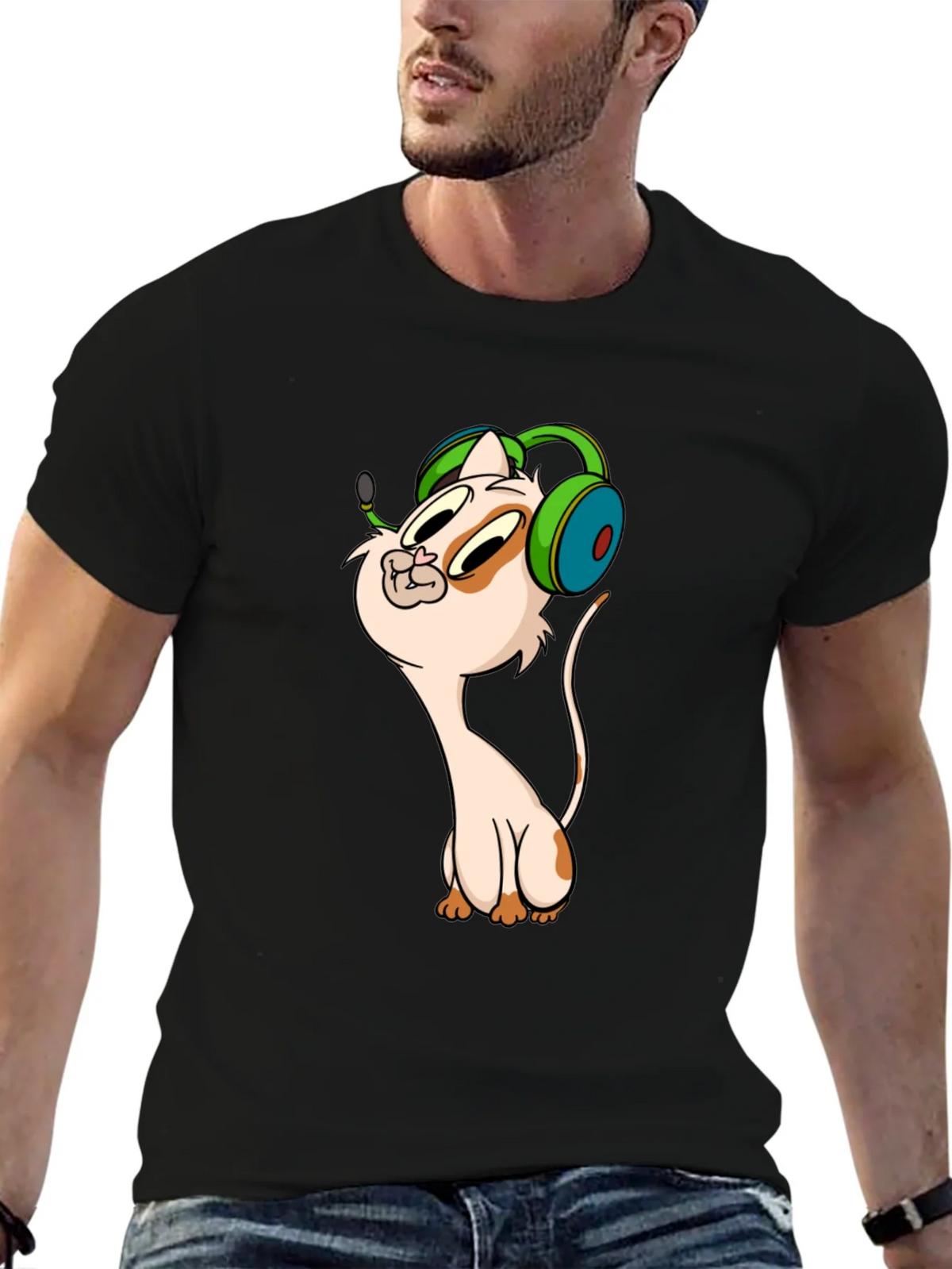 Cartoon Cat Gamer Graphic Tee - Black T-Shirt product image 6