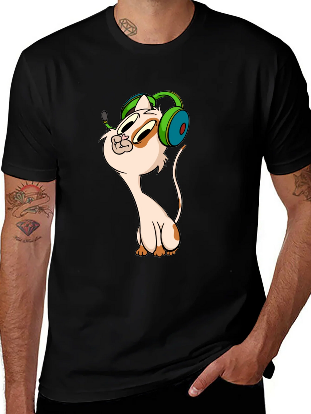 Cartoon Cat Gamer Graphic Tee - Black T-Shirt product image 1