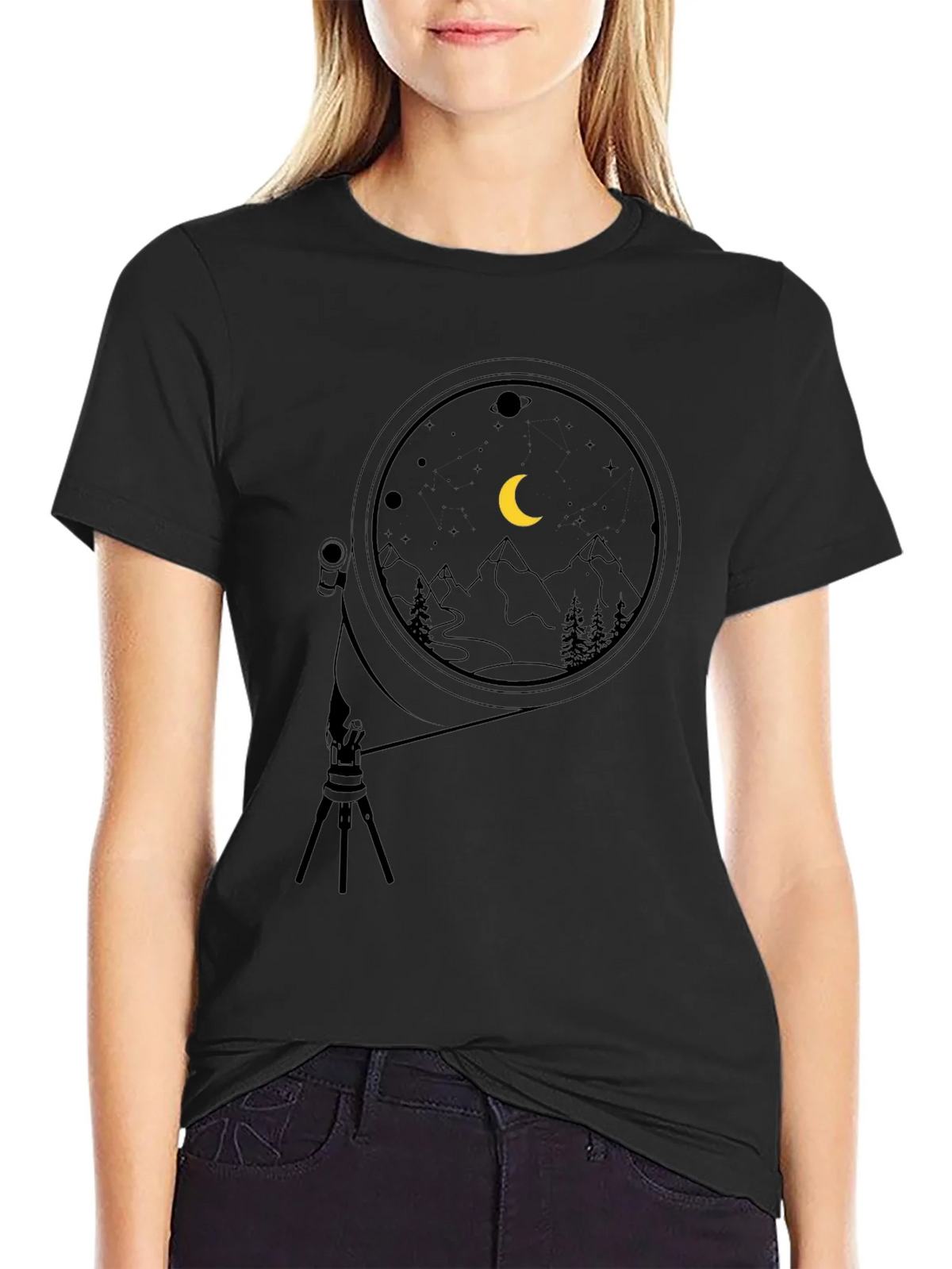 Night Sky Telescope Graphic Tee - Black Cotton product image 2