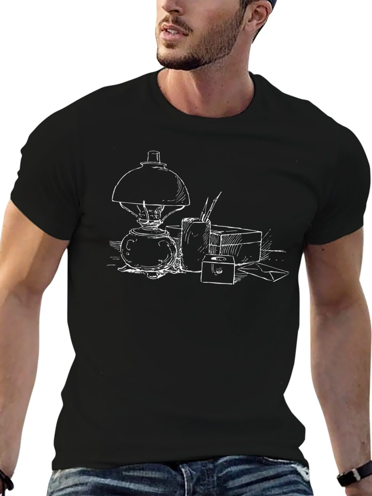 Artistic Sketch T-Shirt - Classic Lamp and Drawing Tools product image 6