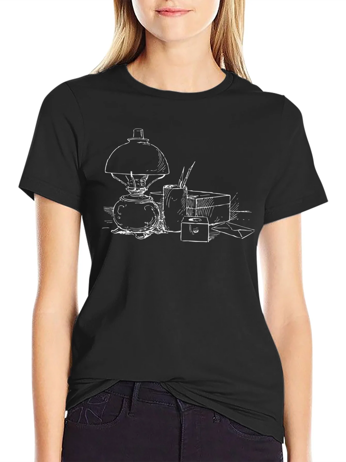 Artistic Sketch T-Shirt - Classic Lamp and Drawing Tools product image 2