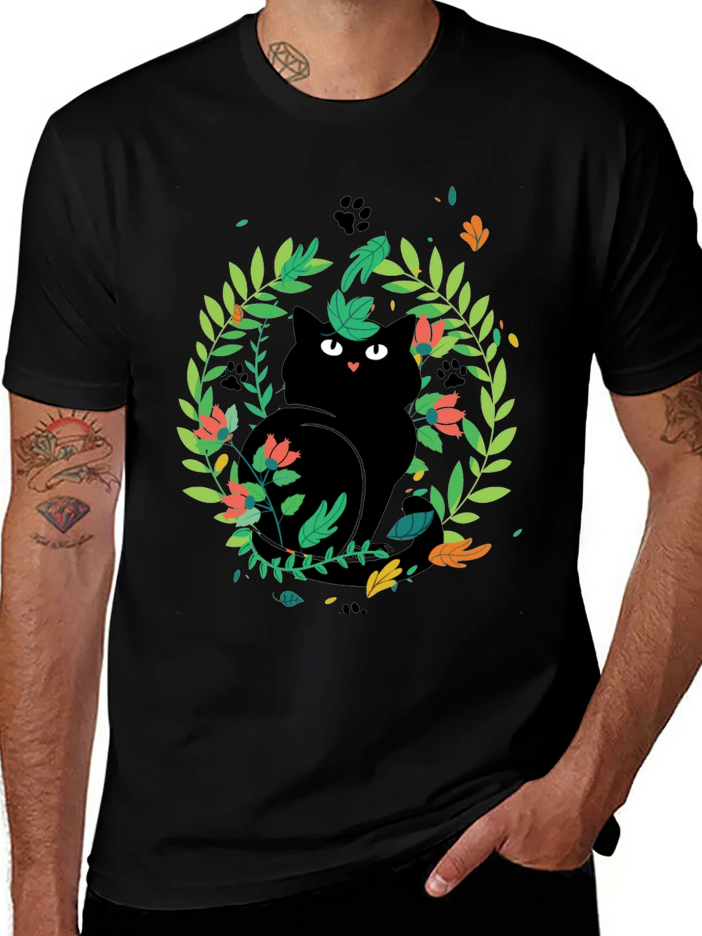 Black Cat Floral Wreath T-Shirt product image 1