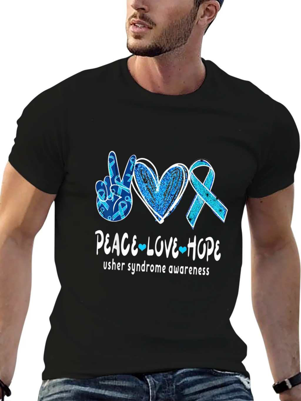 Usher Syndrome Awareness Peace Love Hope T-Shirt product image 6
