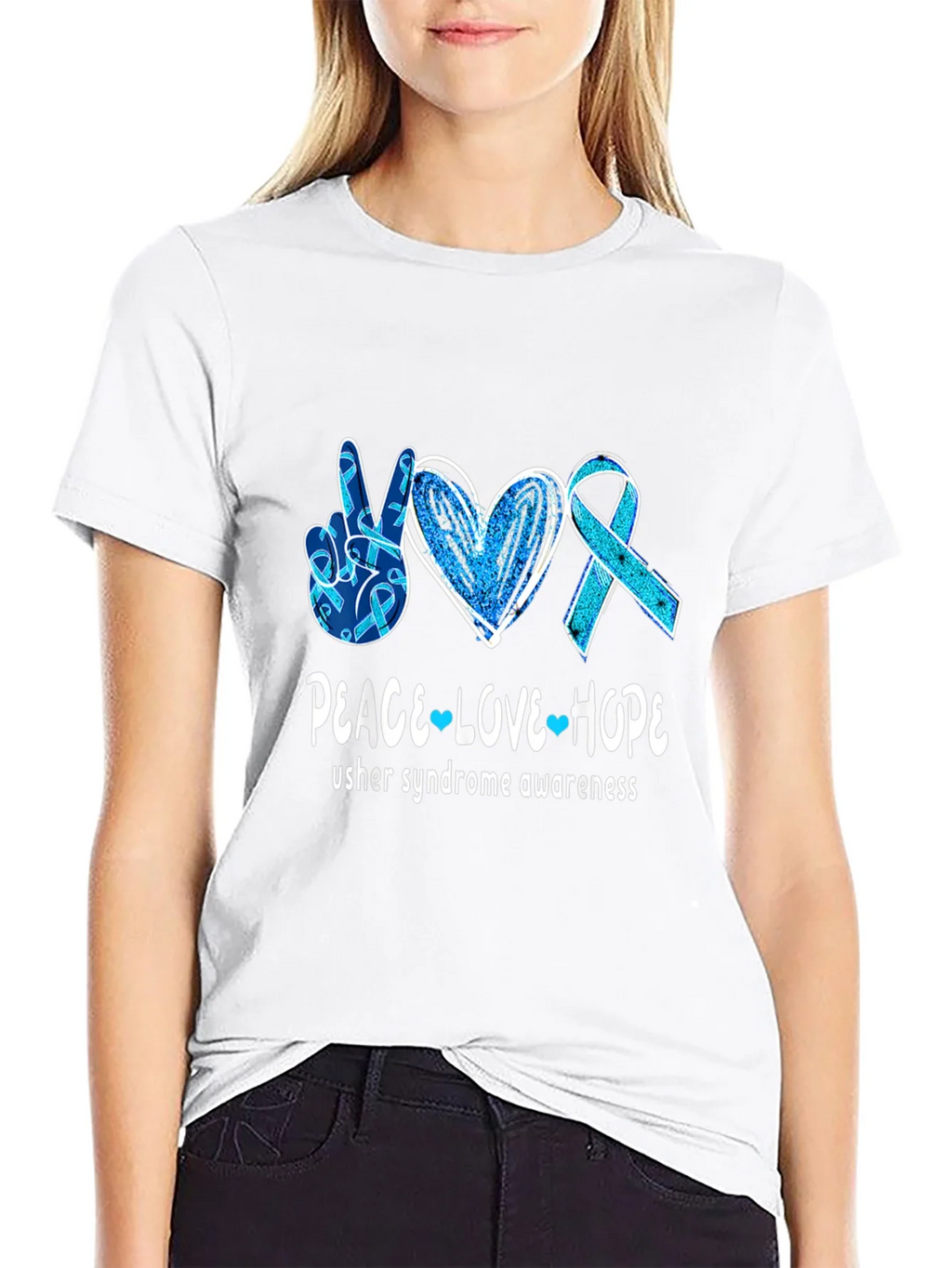 Usher Syndrome Awareness Peace Love Hope T-Shirt product image 8