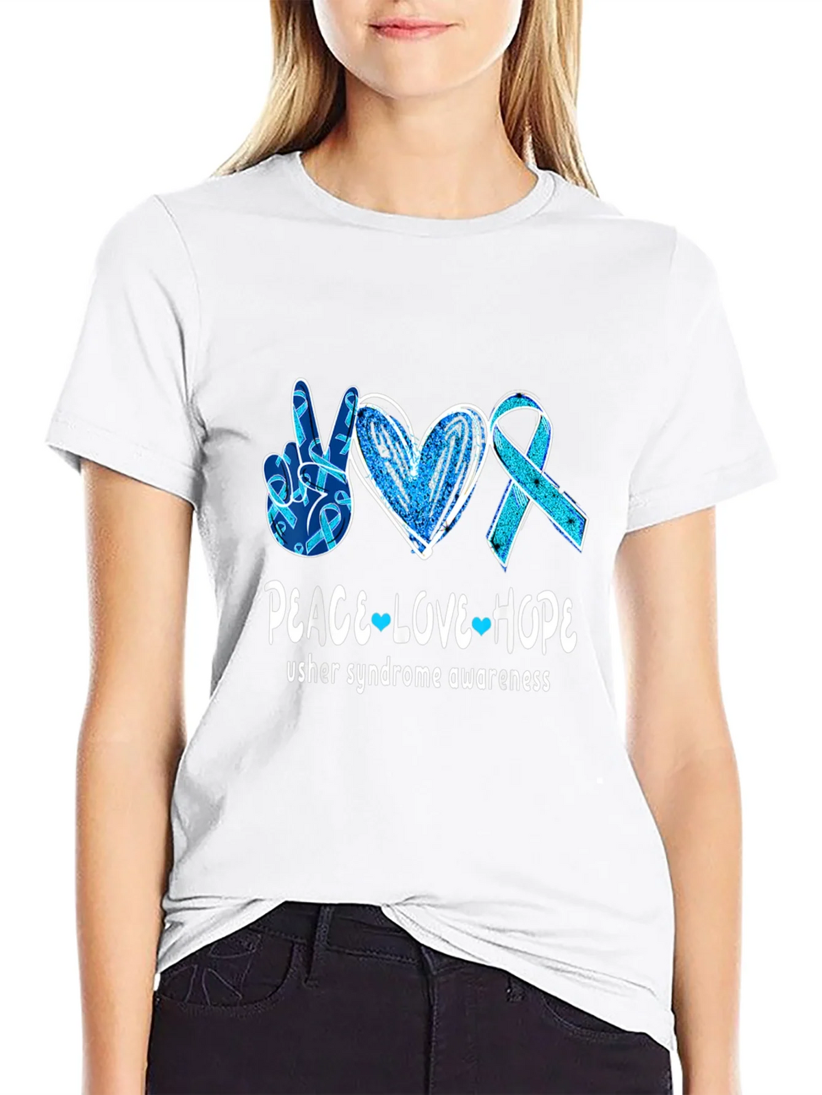 Usher Syndrome Awareness Peace Love Hope T-Shirt product image 8