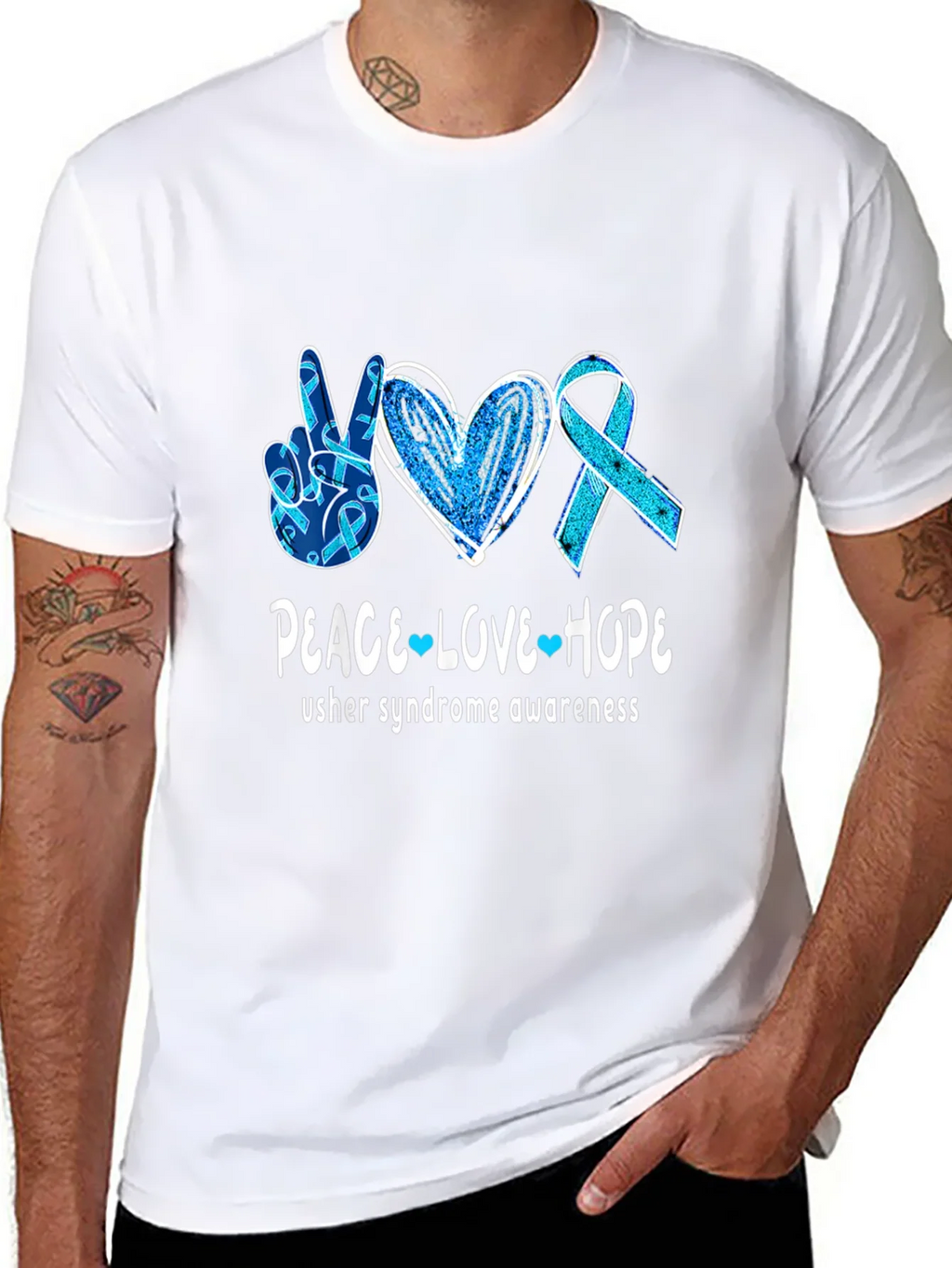 Usher Syndrome Awareness Peace Love Hope T-Shirt product image 7