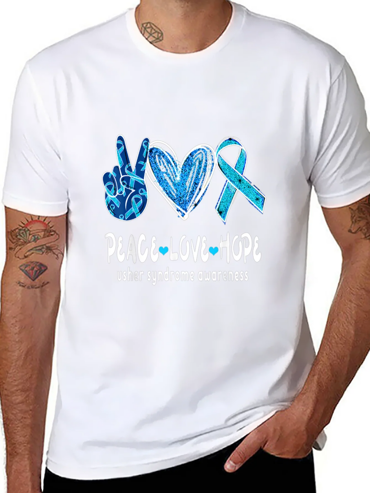 Usher Syndrome Awareness Peace Love Hope T-Shirt product image 7