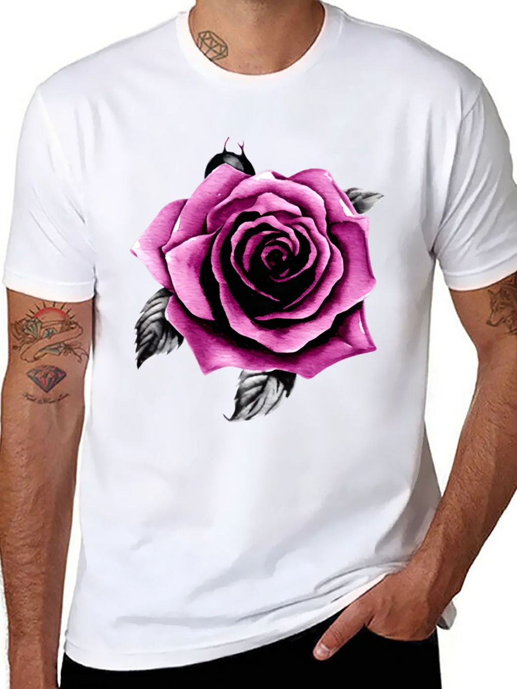 Mens Black T-Shirt with Pink Rose Design product image 7