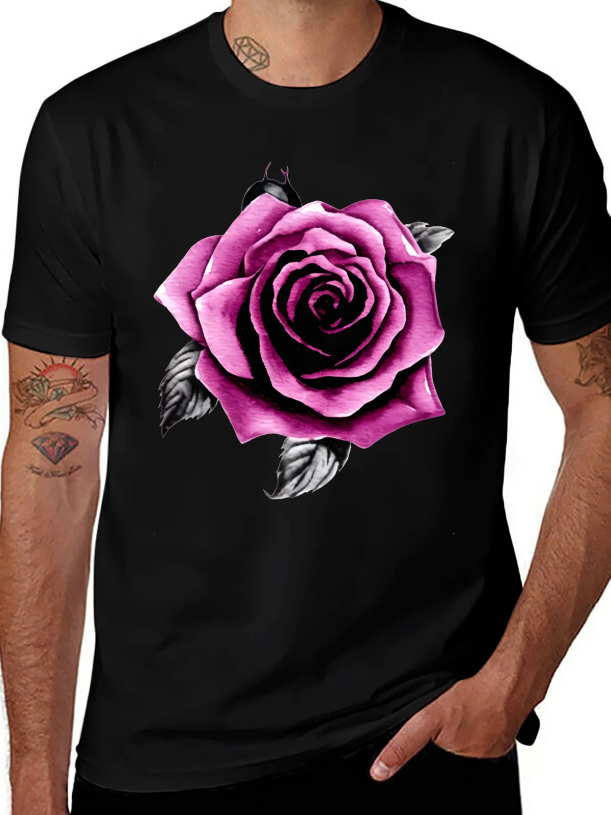 Mens Black T-Shirt with Pink Rose Design product image 1