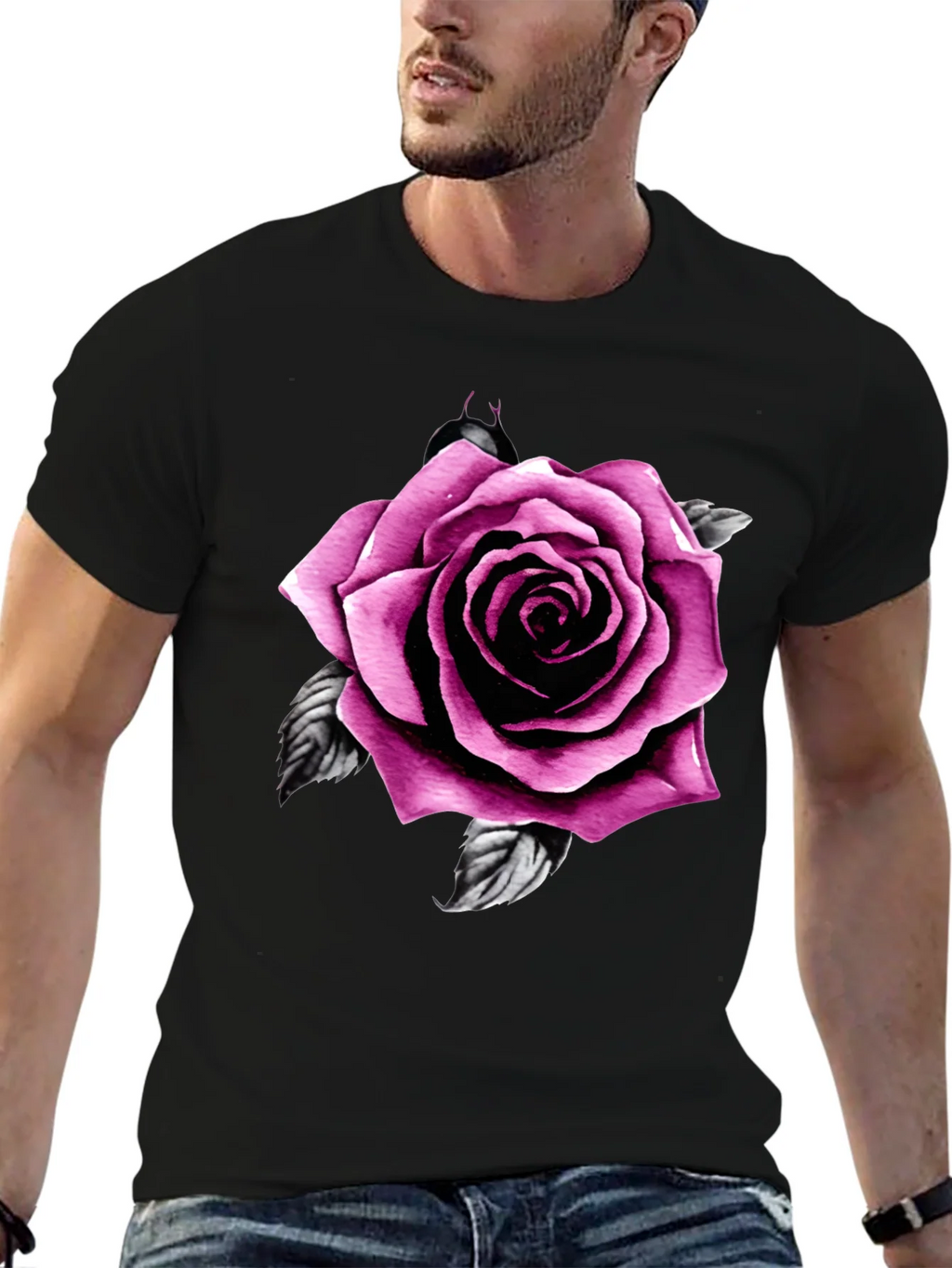 Mens Black T-Shirt with Pink Rose Design product image 6