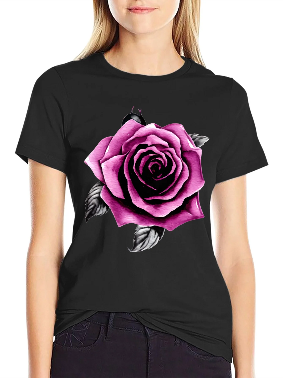 Mens Black T-Shirt with Pink Rose Design product image 2