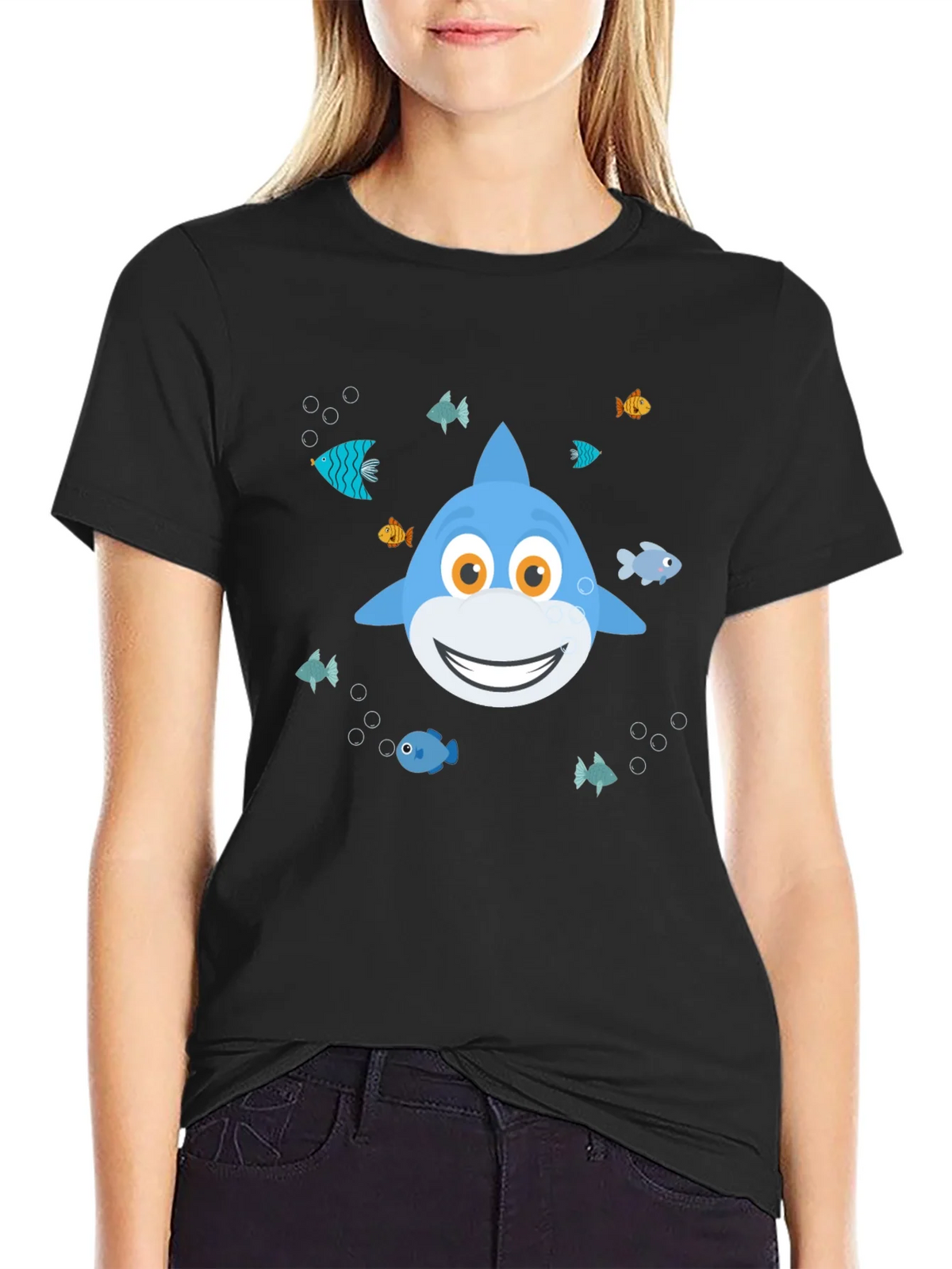 Cute Cartoon Shark Graphic T-Shirt - Black product image 2