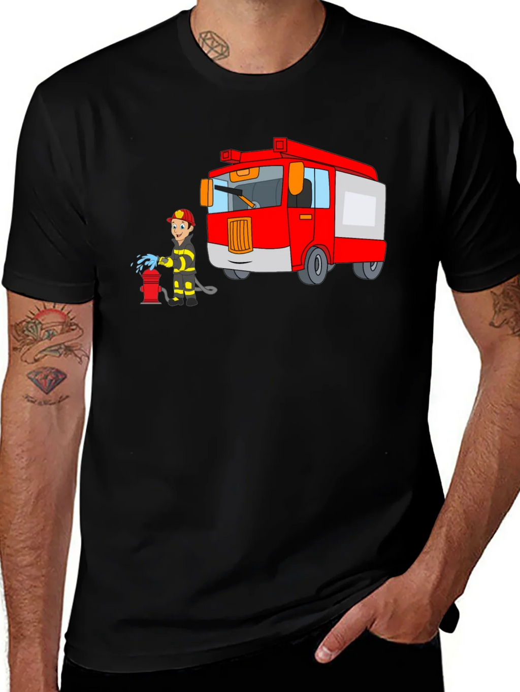 Firefighter Cartoon Graphic Black T-Shirt product image 1