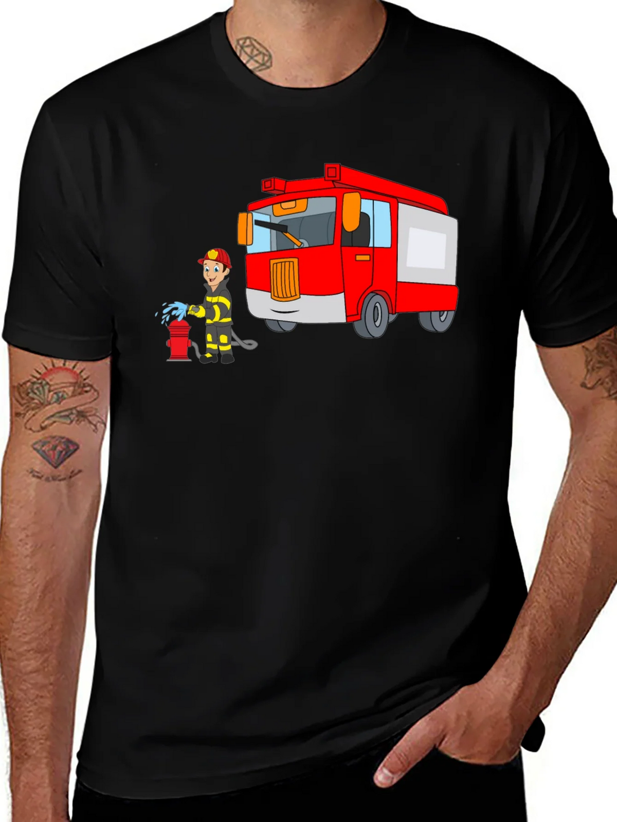 Firefighter Cartoon Graphic Black T-Shirt product image 1