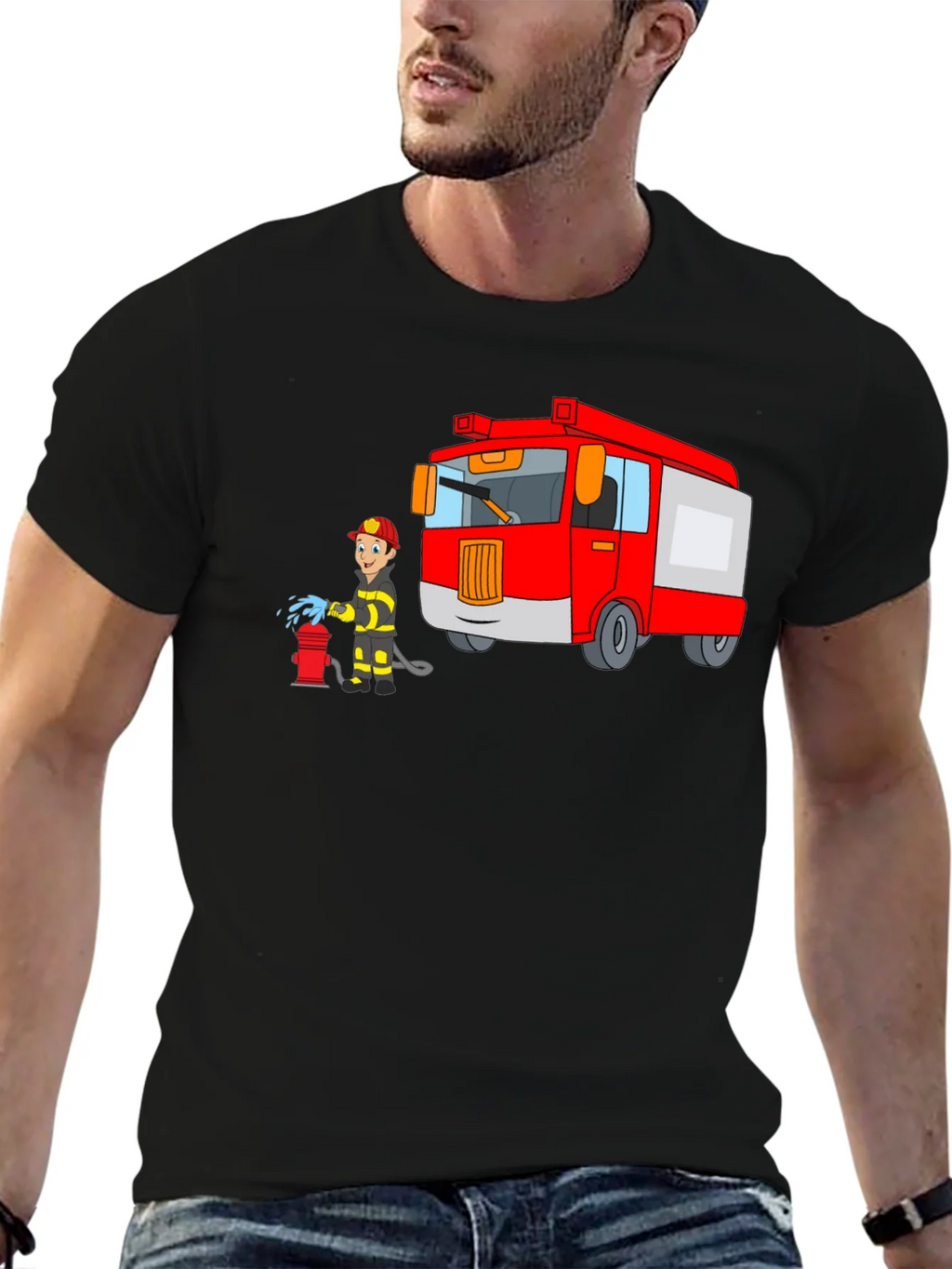 Firefighter Cartoon Graphic Black T-Shirt product image 6