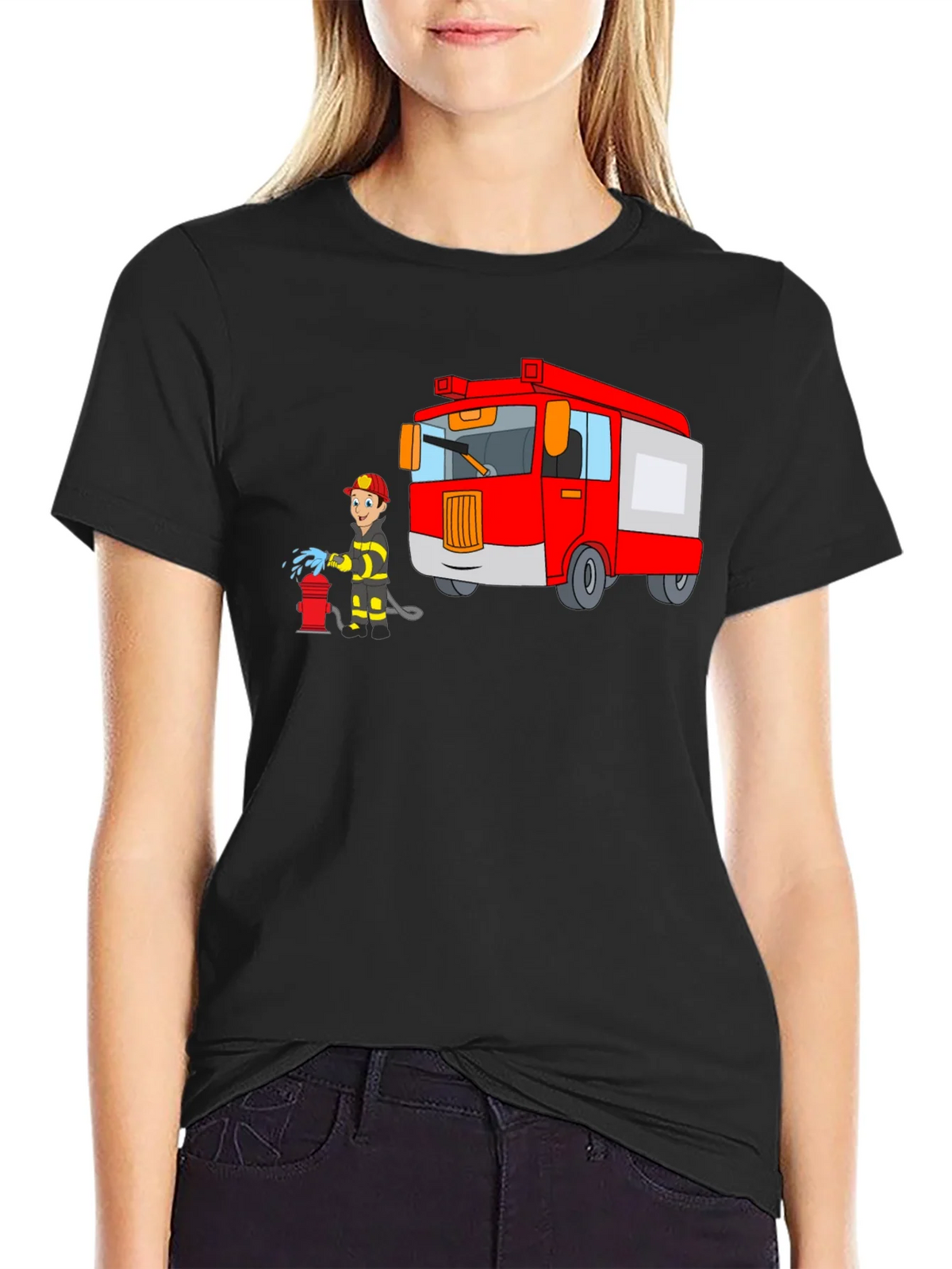 Firefighter Cartoon Graphic Black T-Shirt product image 2