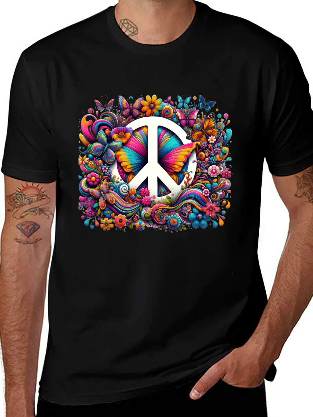 Peace Sign Floral Butterfly T-Shirt product image 1