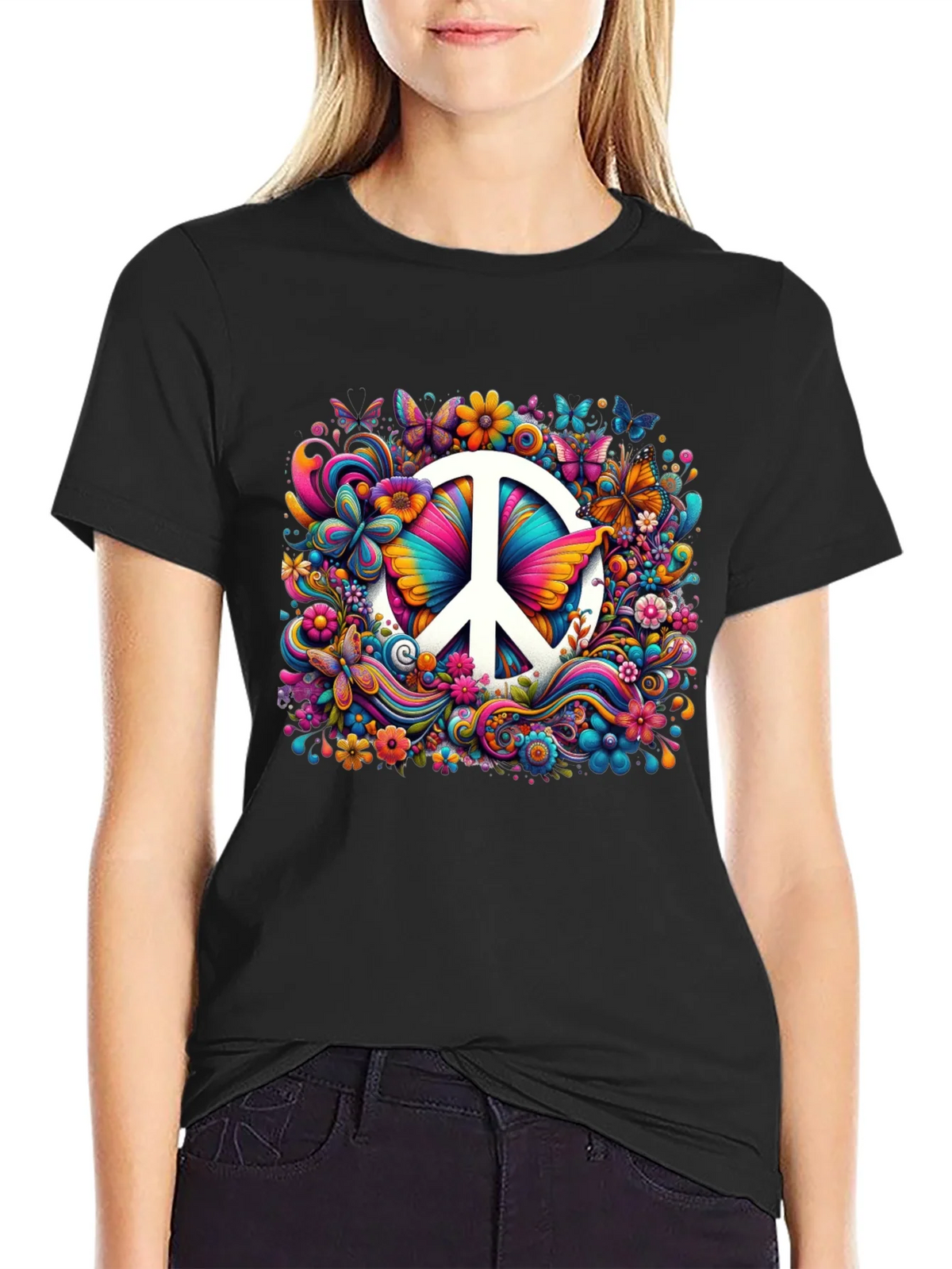 Peace Sign Floral Butterfly T-Shirt product image 2