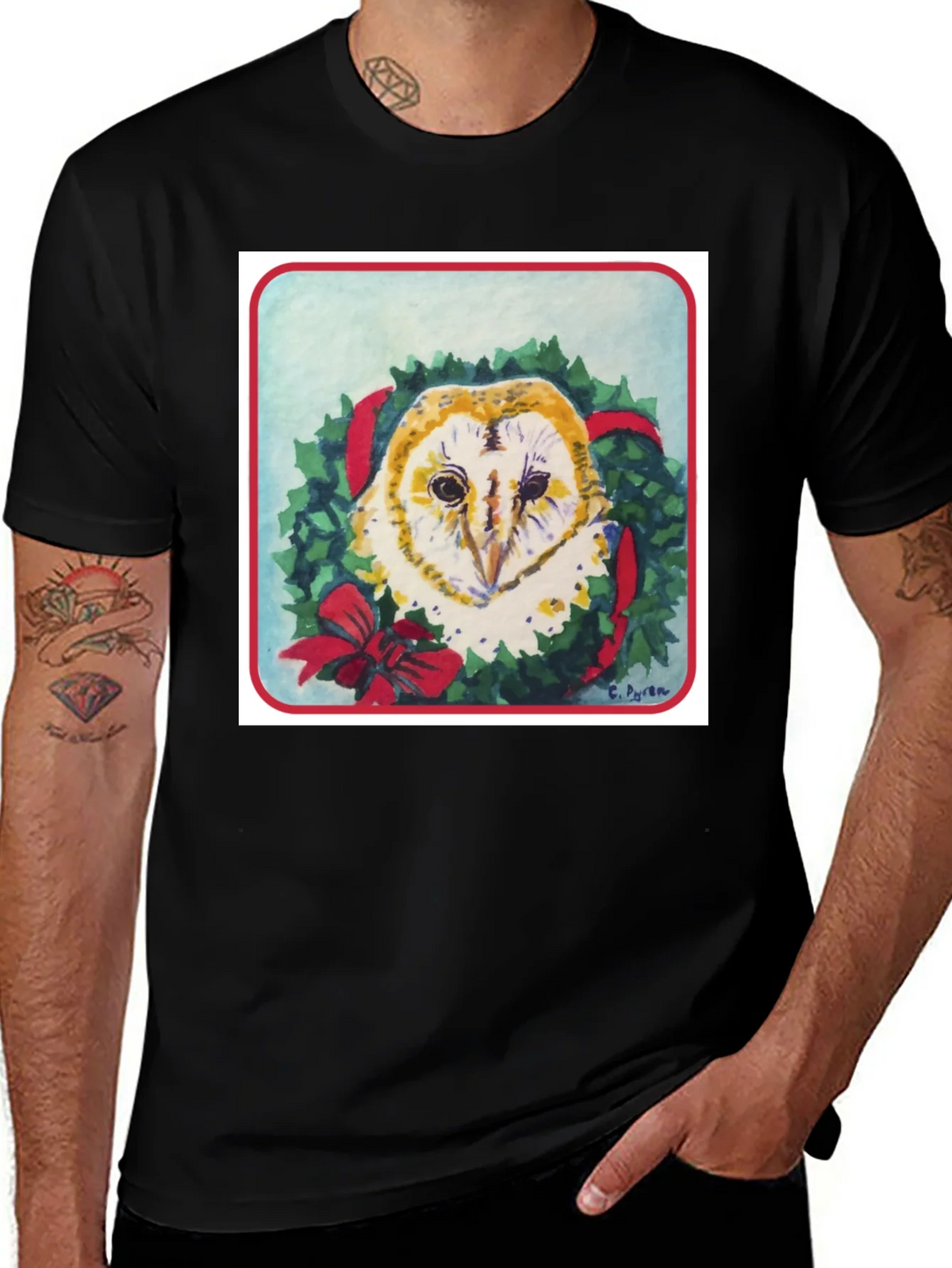 Festive Owl Wreath T-Shirt - Holiday Apparel product image 1