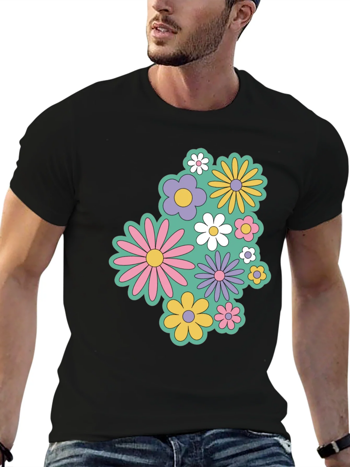 Retro Floral Graphic Black T-Shirt product image 5