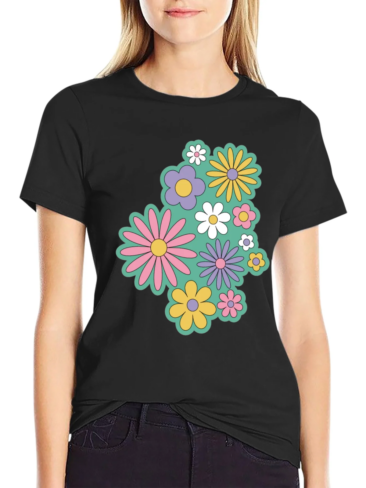 Retro Floral Graphic Black T-Shirt product image 1