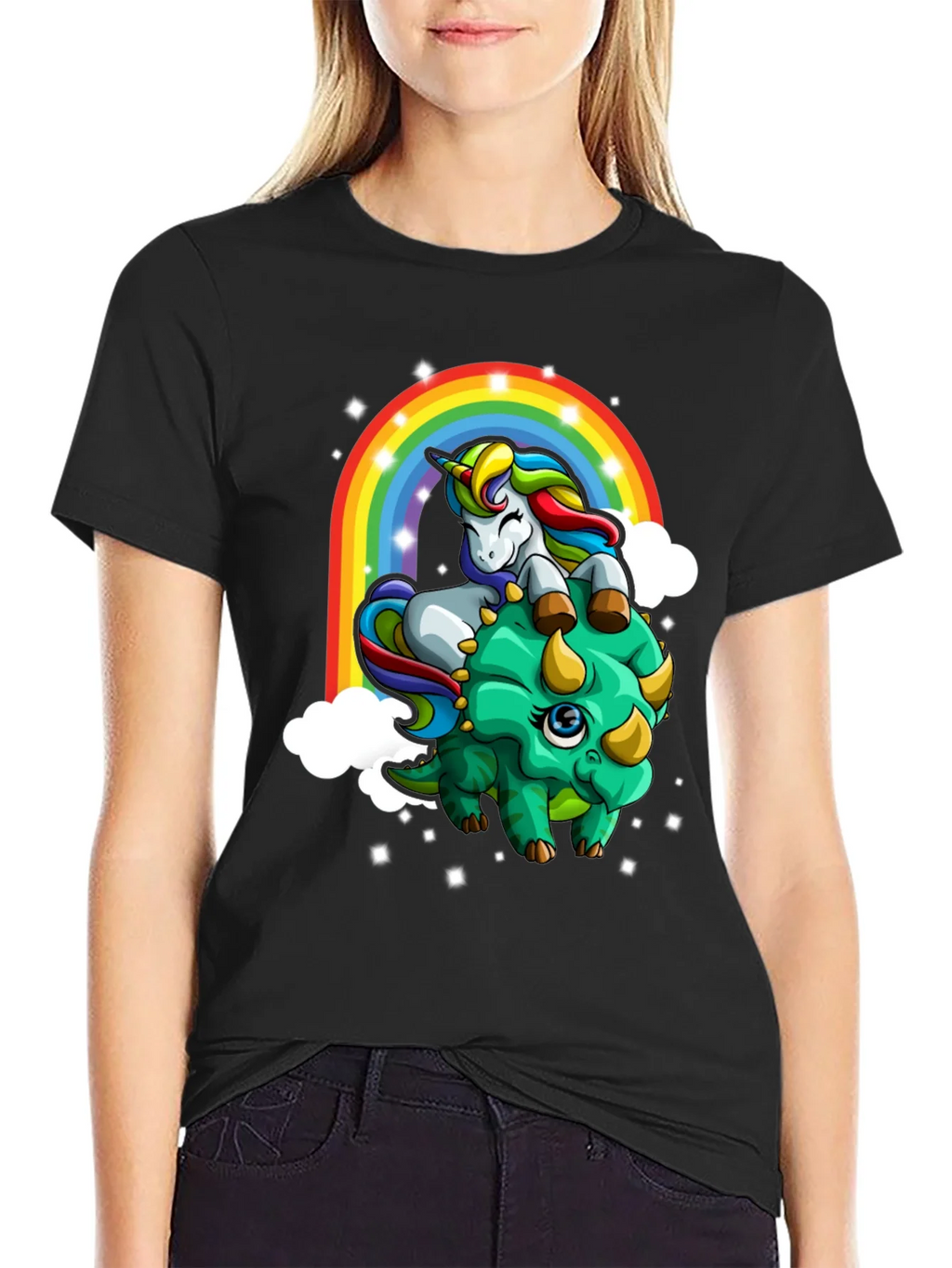 Unicorn Riding Triceratops Rainbow T-Shirt product image 1