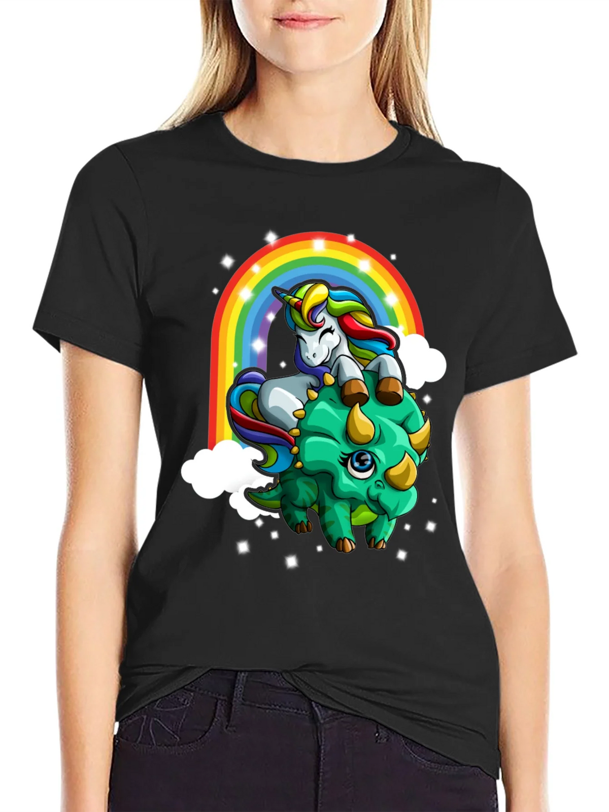 Unicorn Riding Triceratops Rainbow T-Shirt product image 1