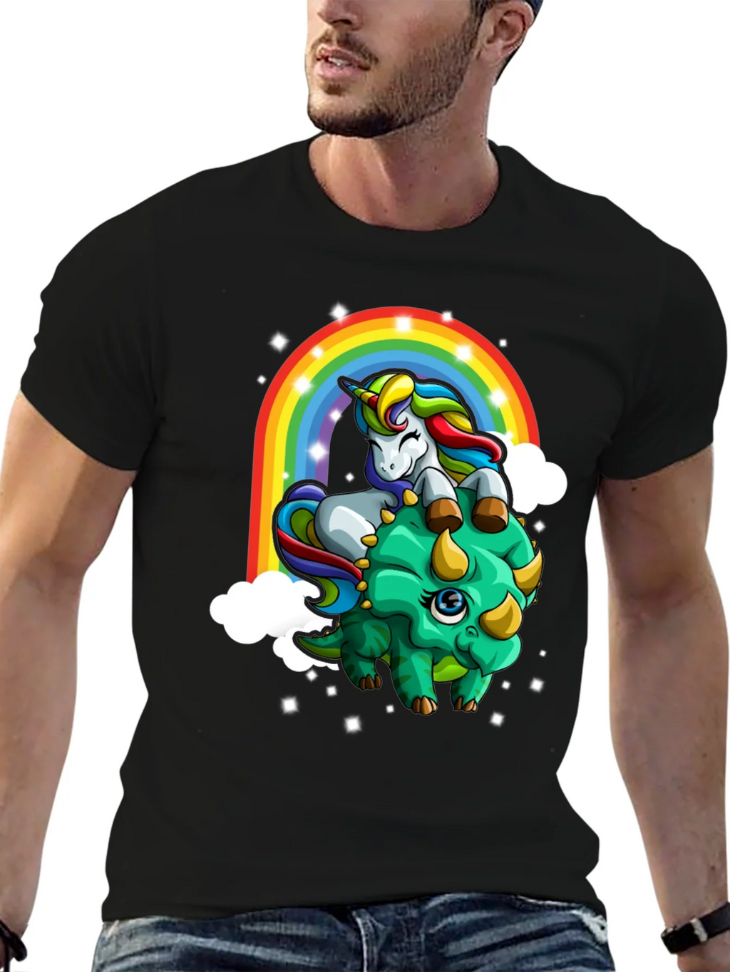 Unicorn Riding Triceratops Rainbow T-Shirt product image 4