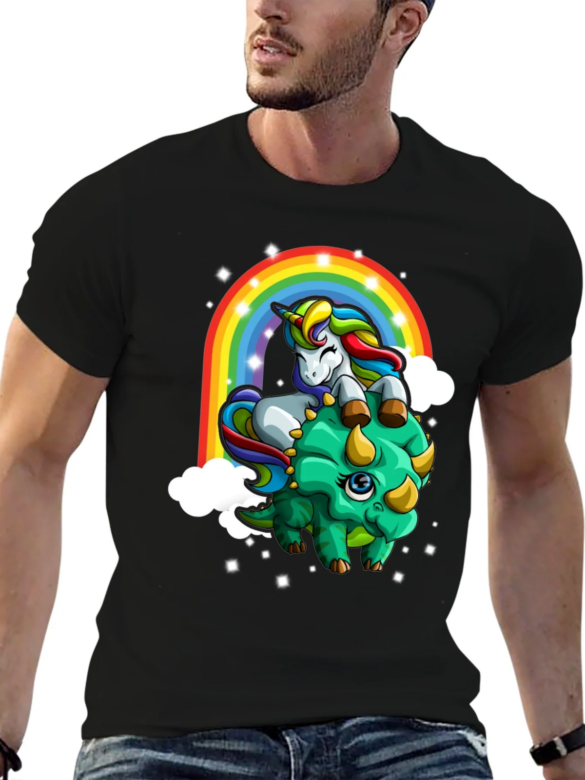 Unicorn Riding Triceratops Rainbow T-Shirt product image 4